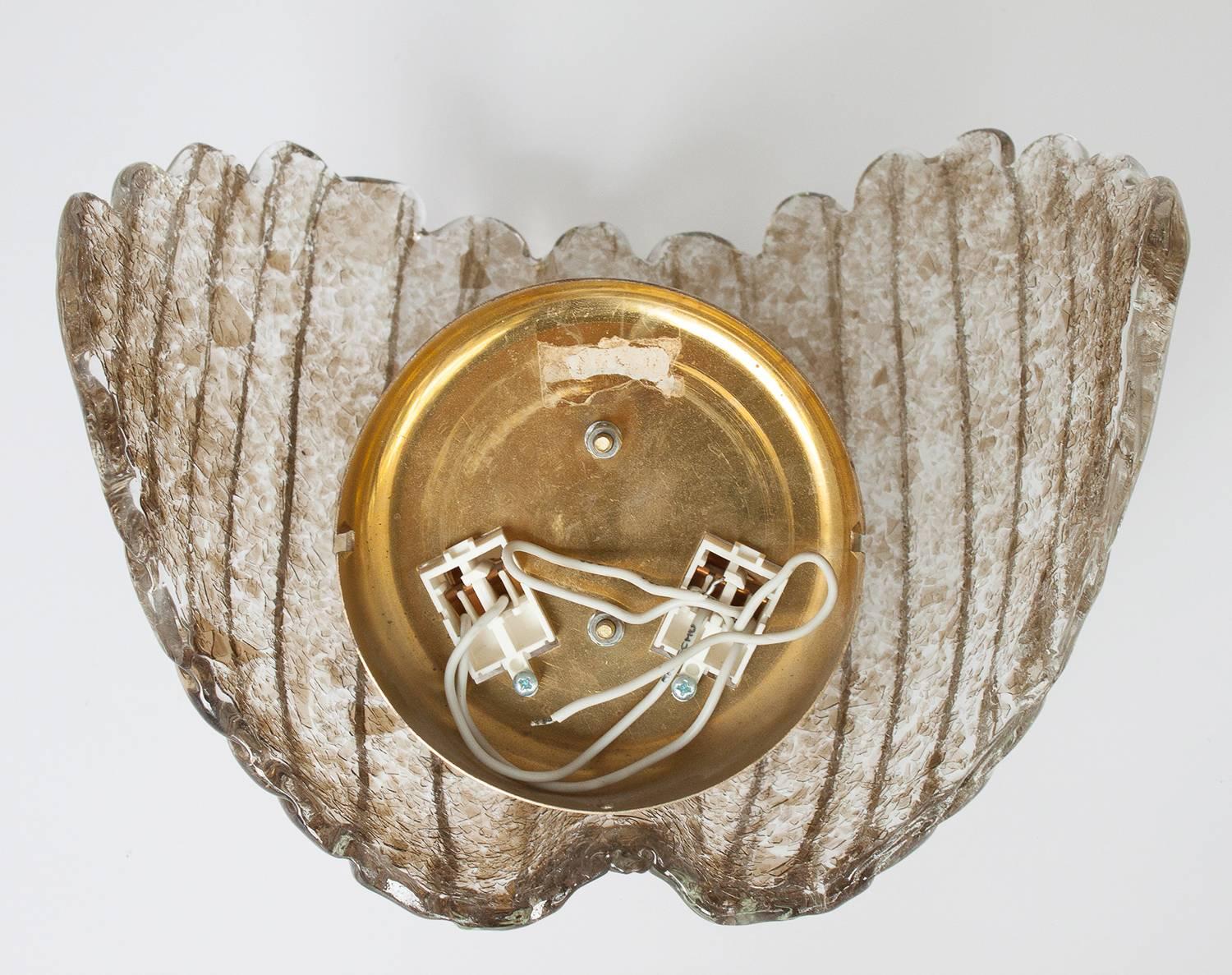 Mid-20th Century Pair of Kalmar Smokey Topaz Ice Glass Shell Form Sconces