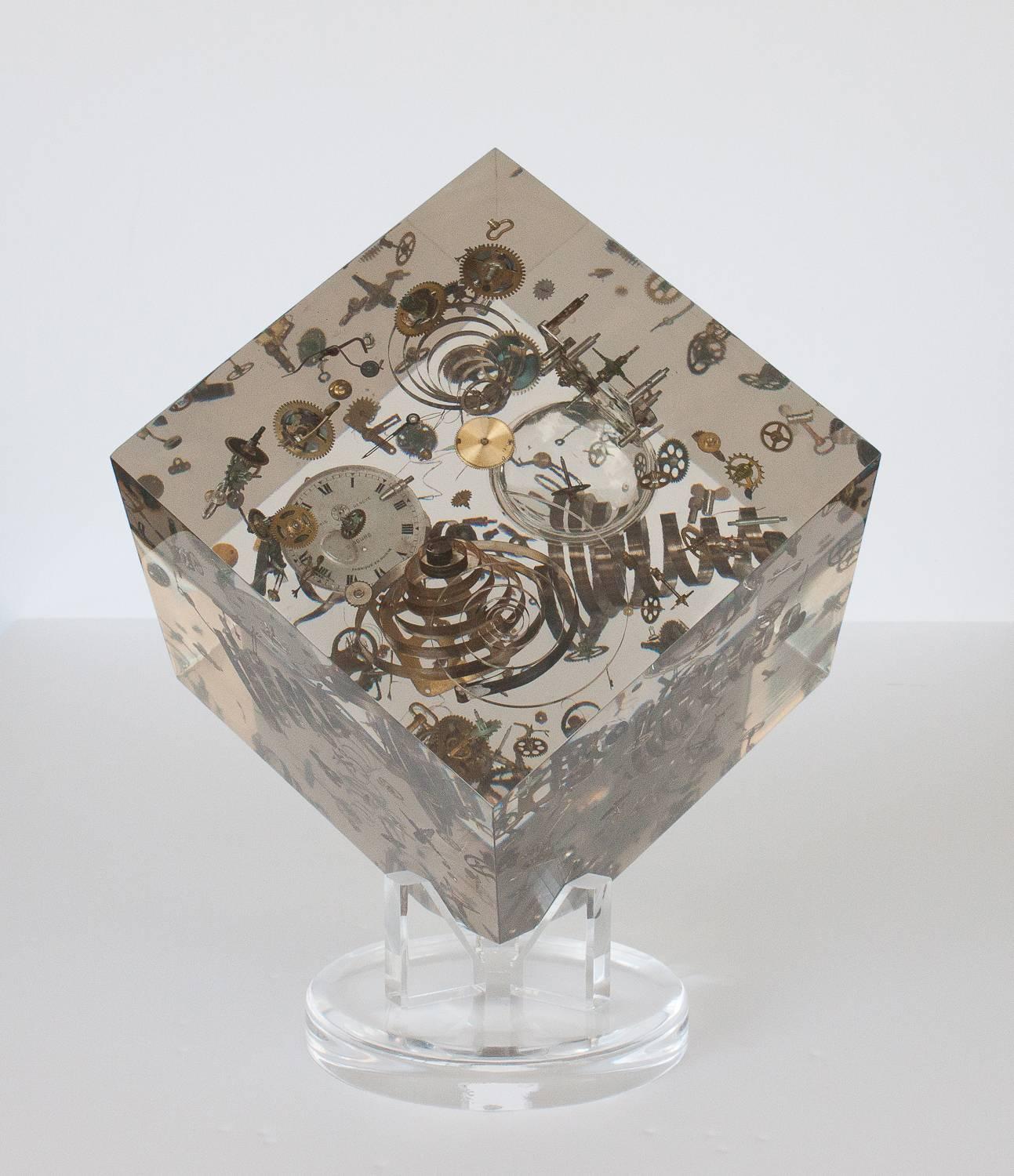 Incredible Lucite cube sculpture with exploded clock or watch parts in the style of Pierre Giraudon. Amazing scale and quite conversational! 11