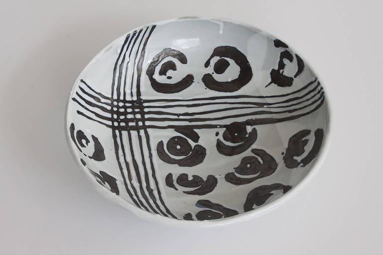 Black and White Glazed Abstract Studio Pottery Bowl Signed