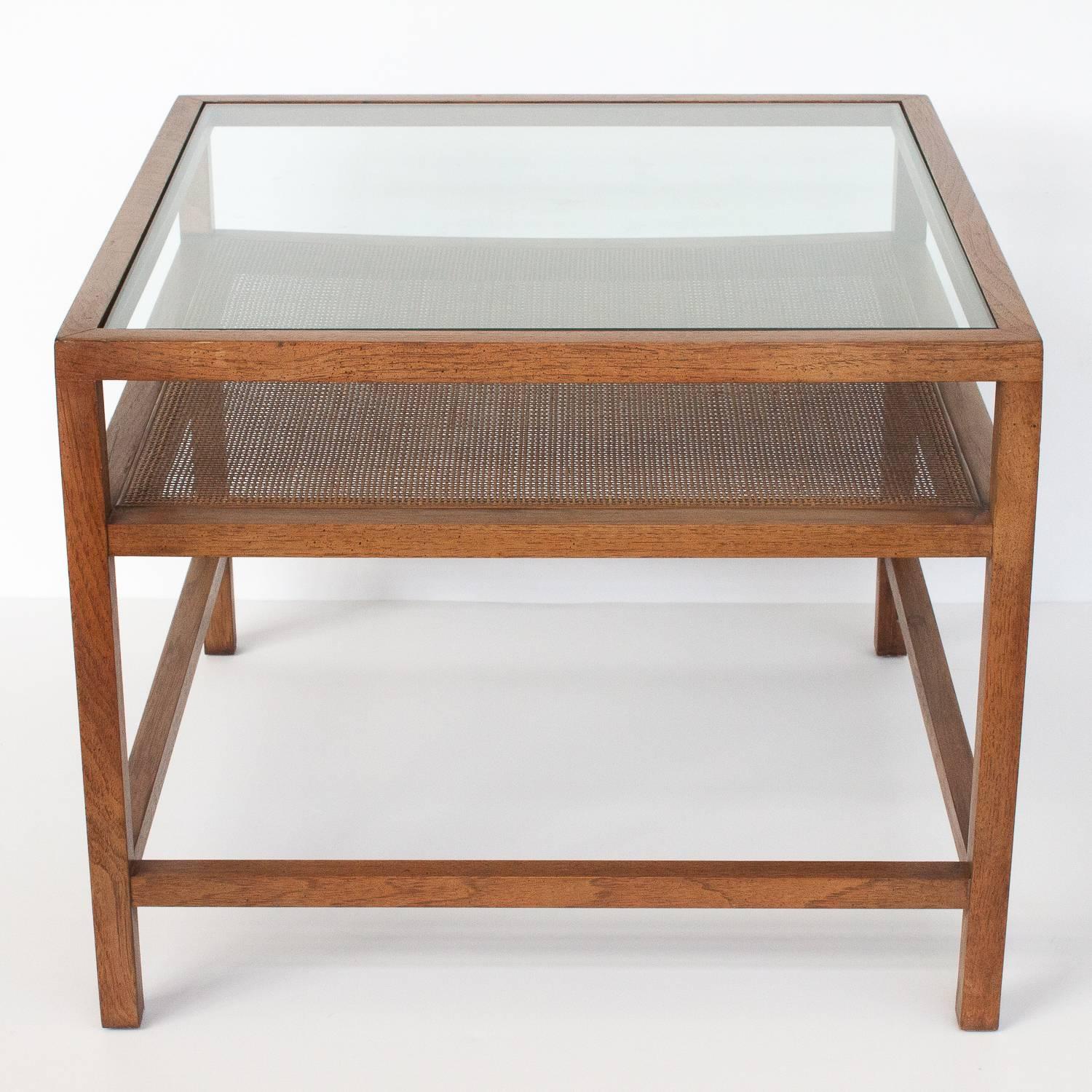 Mid-Century Modern Pair of Square End Tables with Cane Shelf