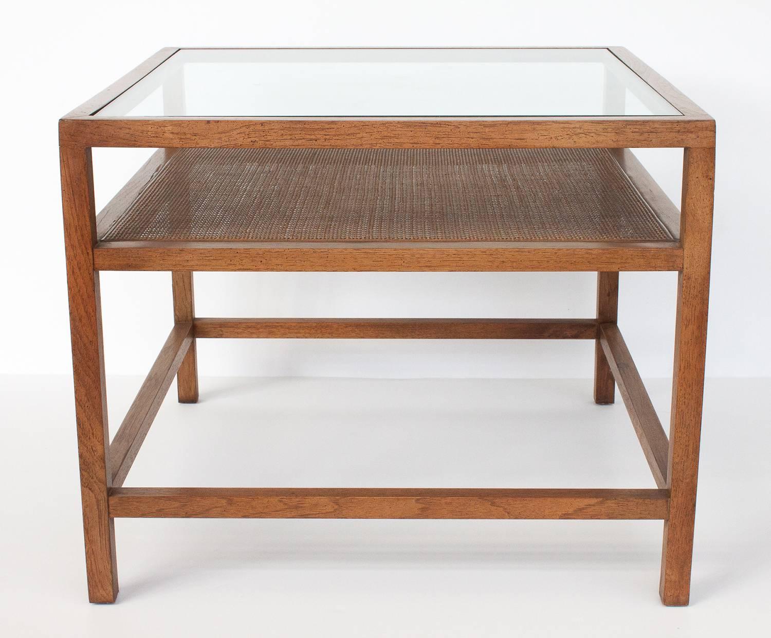 American Pair of Square End Tables with Cane Shelf