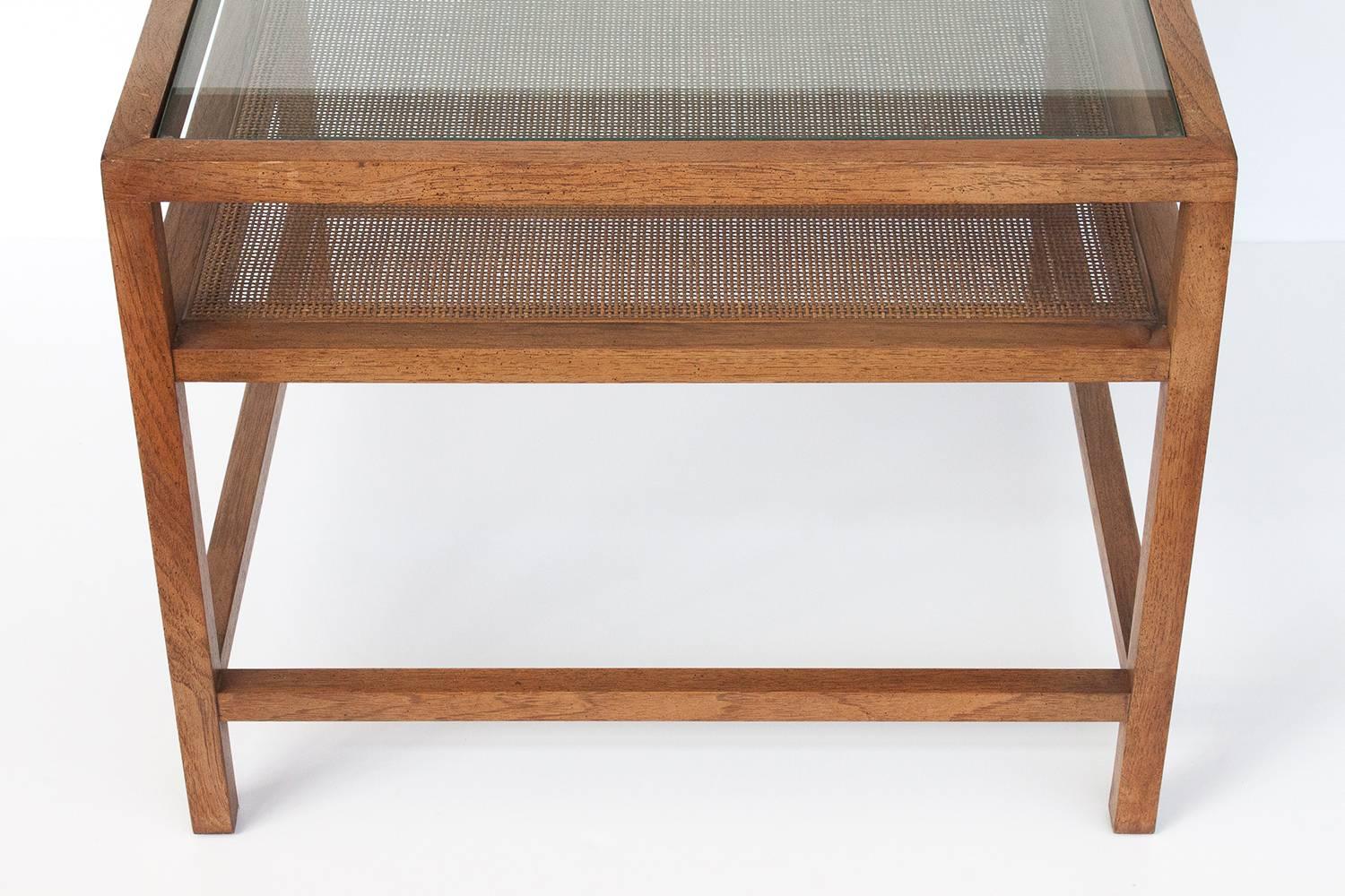 Mid-20th Century Pair of Square End Tables with Cane Shelf