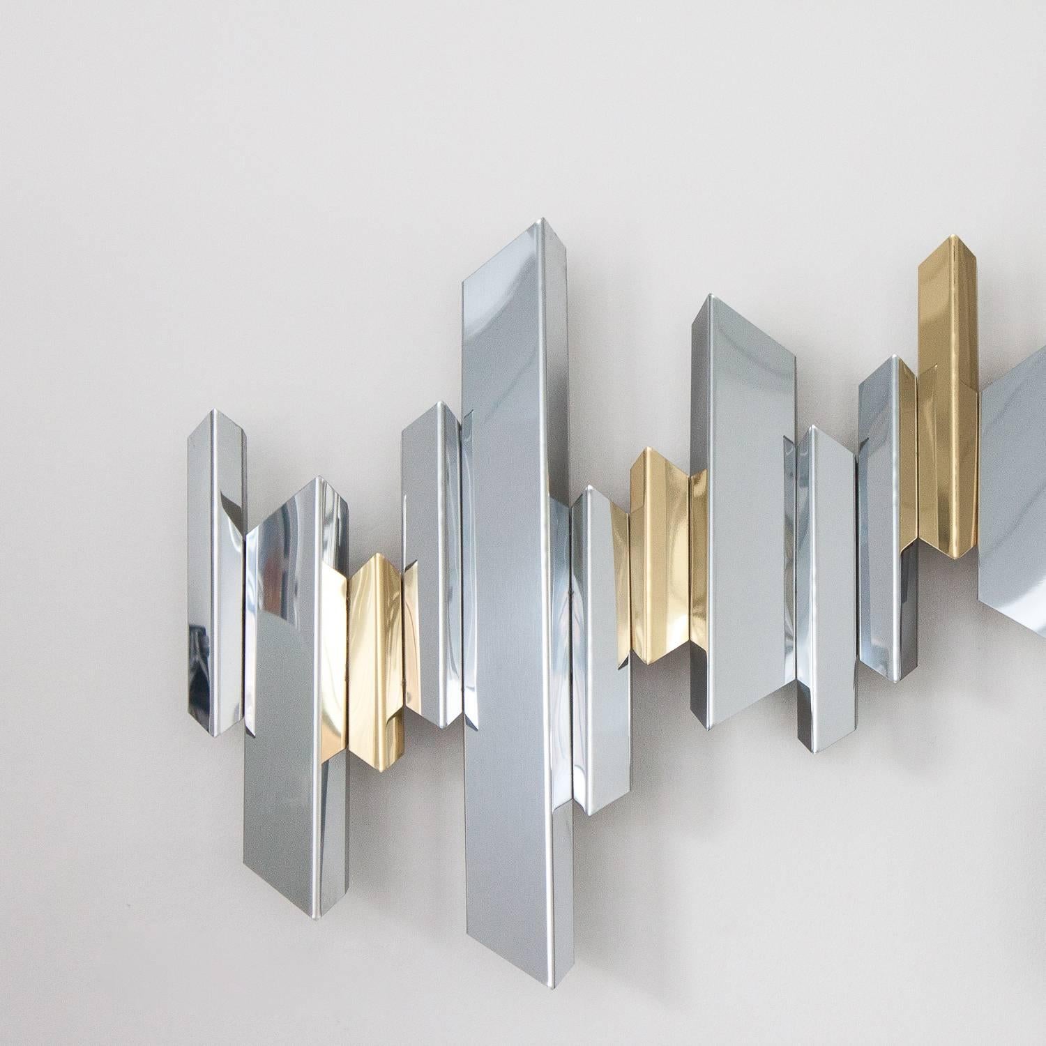 American Curtis Jere Chrome Brass Cityscape Wall Sculpture
