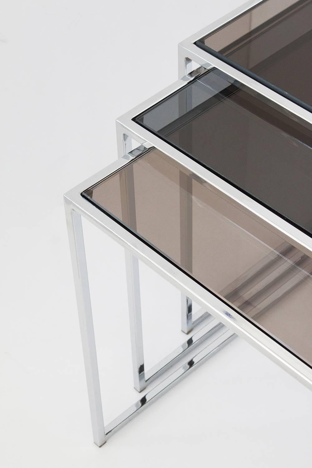 American Set of Milo Baughman Chrome and Smoked Glass Nesting Tables