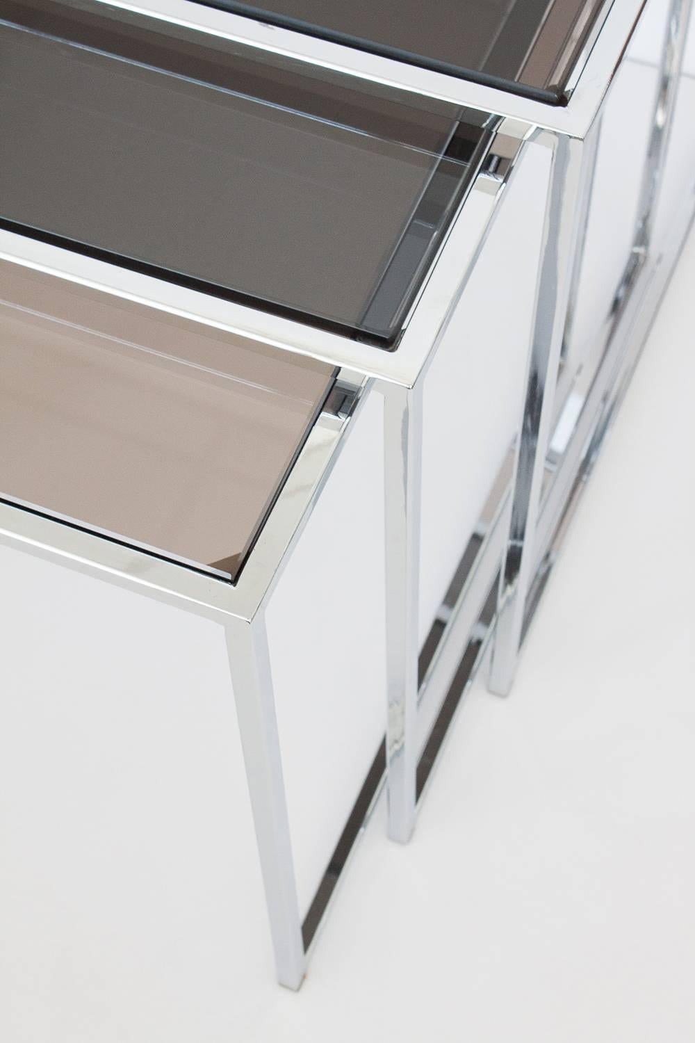 Plated Set of Milo Baughman Chrome and Smoked Glass Nesting Tables