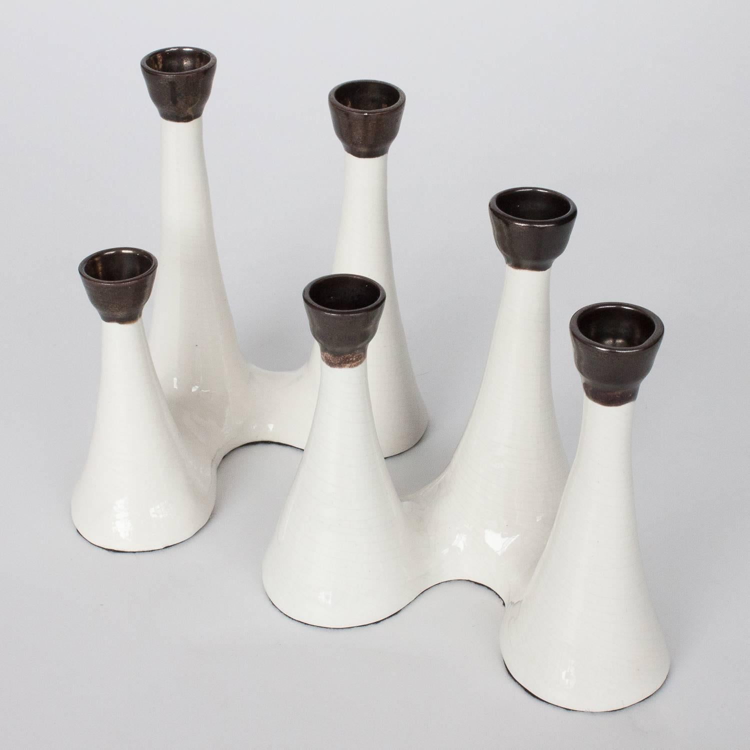 Glazed Pair of Organic Sculptural White Ceramic Candlesticks