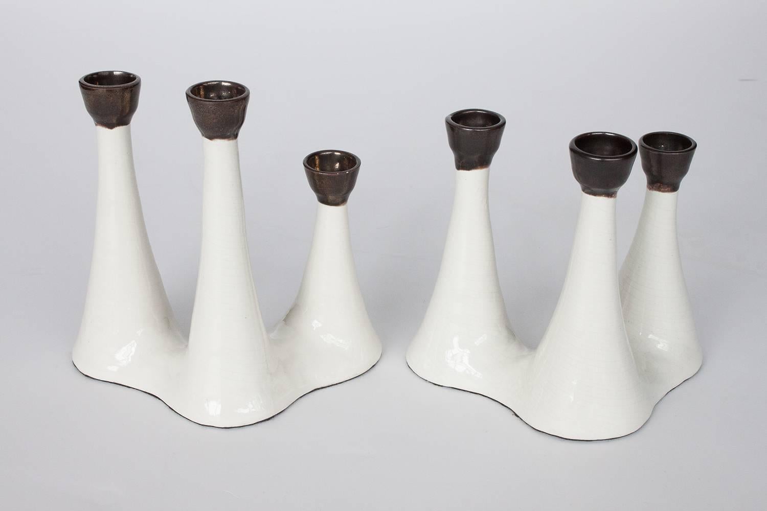 Pair of Organic Sculptural White Ceramic Candlesticks 1