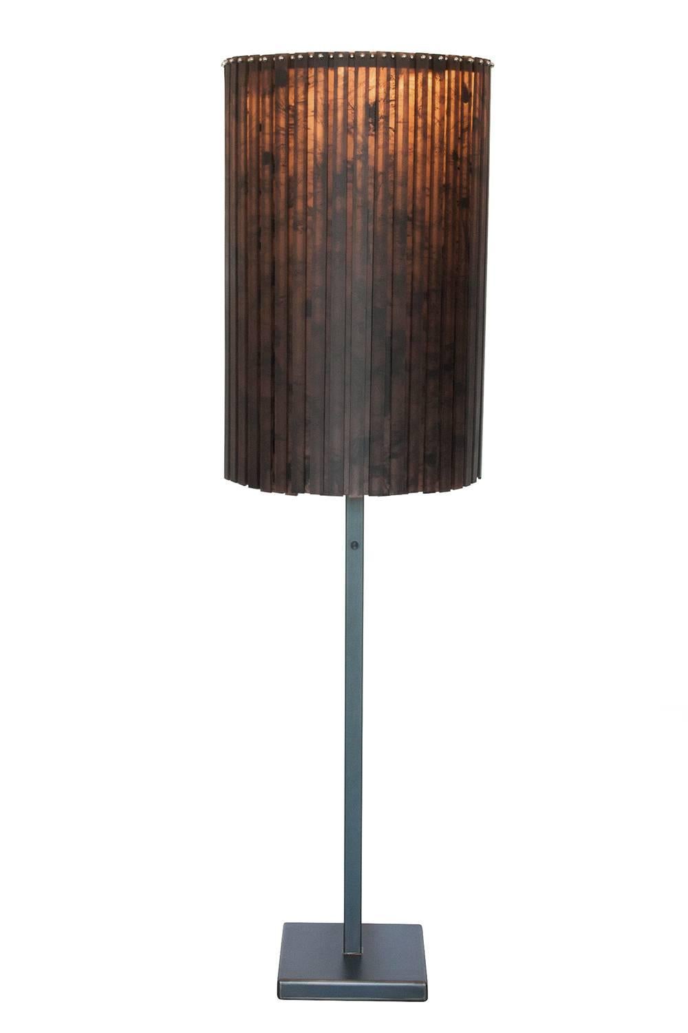 Stunning and dramatic fringe floor lamp by Martha Sturdy. Individually hand cast resin strips hung in layers from a blackened steel frame offering a soft light. Satin resin in tortoise colors of brown, black and amber. Light creates an ombre effect