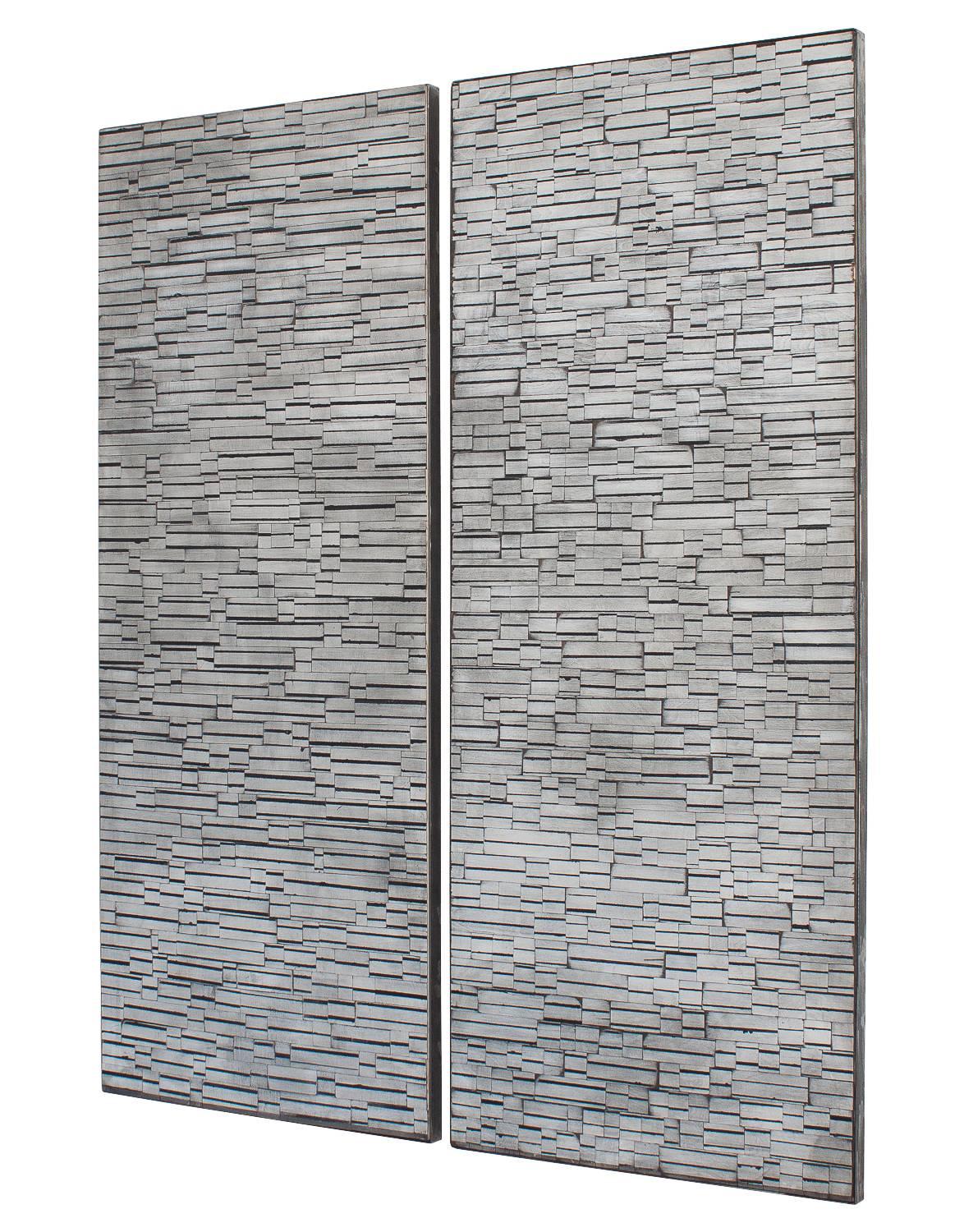 Contemporary abstract artwork by Chicago artist Michelle Peterson Albandoz. Painted, stained and washed Minimalist wood assemblage. The illusion of a high relief texture and visual depth is created by the hand-worked placement of rectangular
