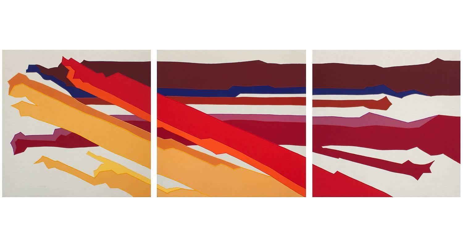 Monumental 112" three-panel triptych by Pam Castano, circa 1980. Titled "Lightning" 1/50. A rainbow of colors (yellows, reds, orange, blue, maroon, raspberry, violet) create the modern abstract graphic design across three 36"
