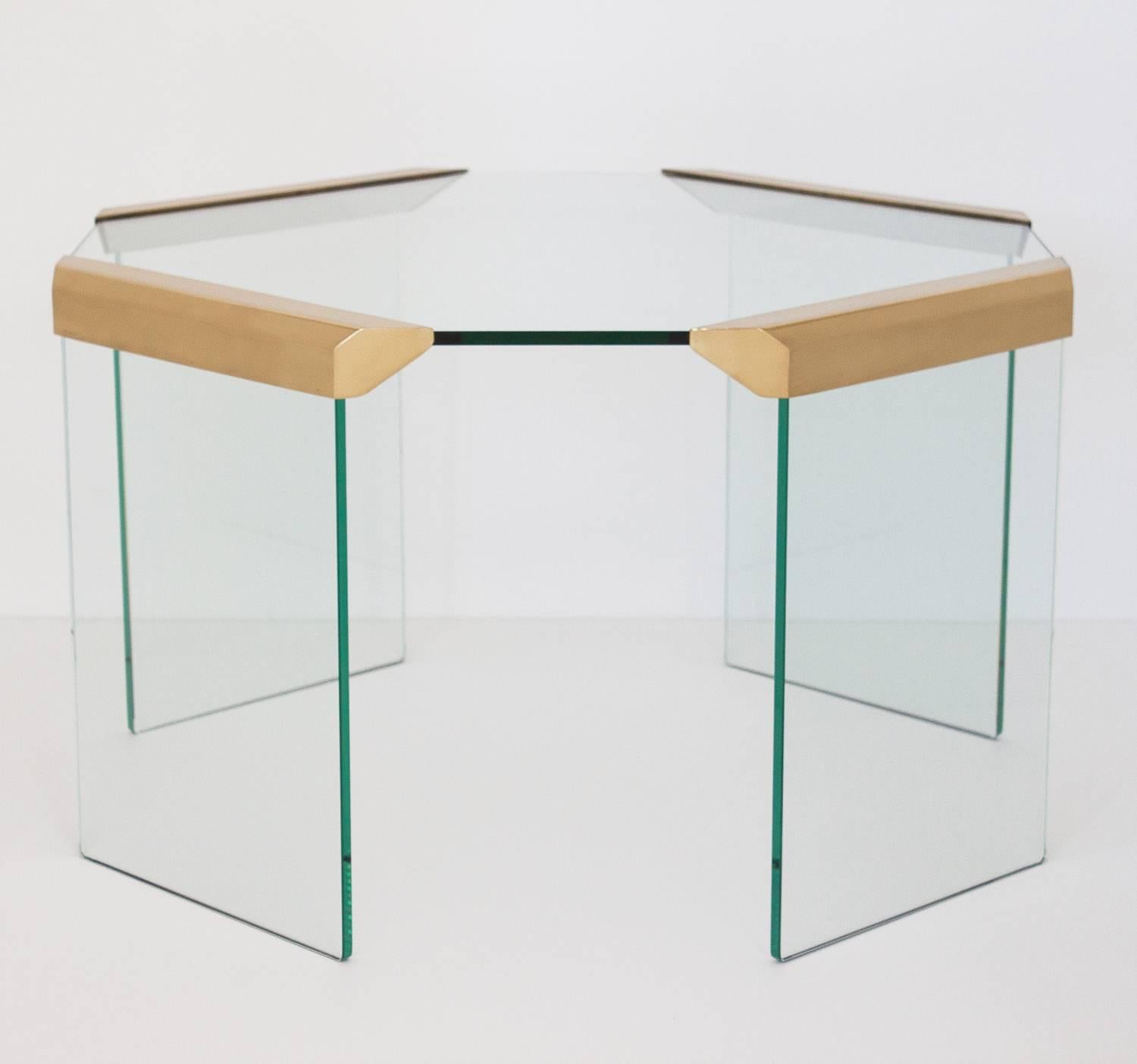 Pair of Brass Glass Waterfall Octagon Side End Tables In Excellent Condition In Chicago, IL