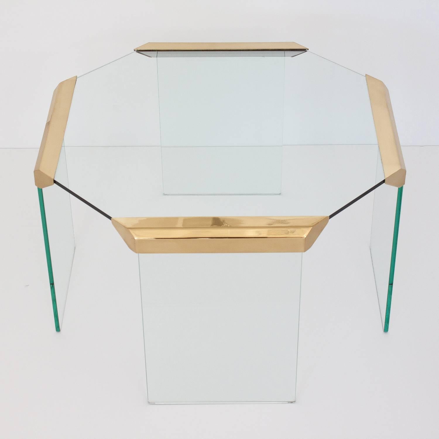 Late 20th Century Pair of Brass Glass Waterfall Octagon Side End Tables