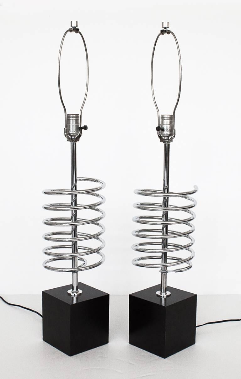 Mid-Century Modern Pair of Laurel Chrome Spring Coil Table Lamps