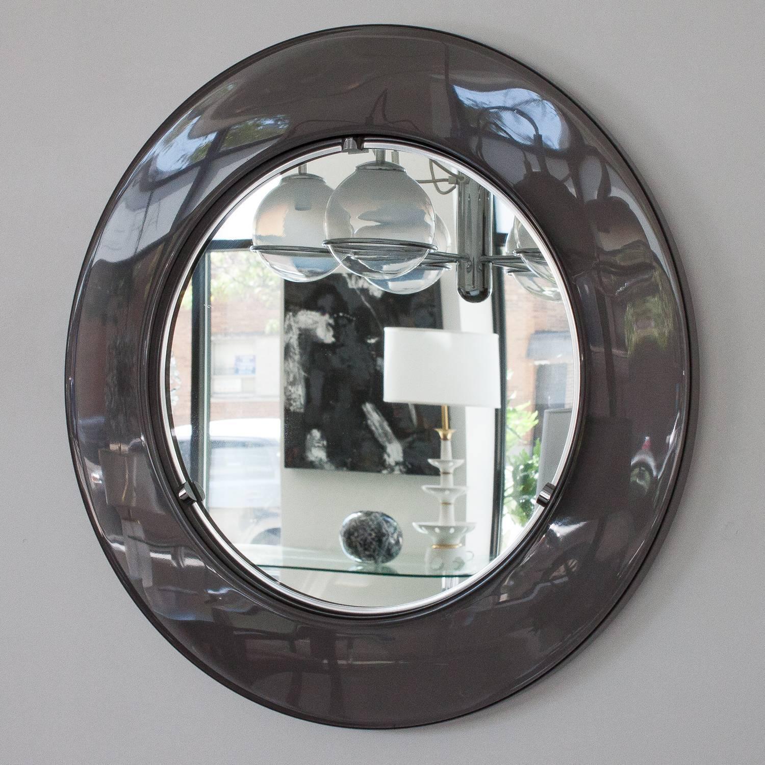 1970s Round Smoked Lucite Framed Wall Mirror For Sale at 1stdibs