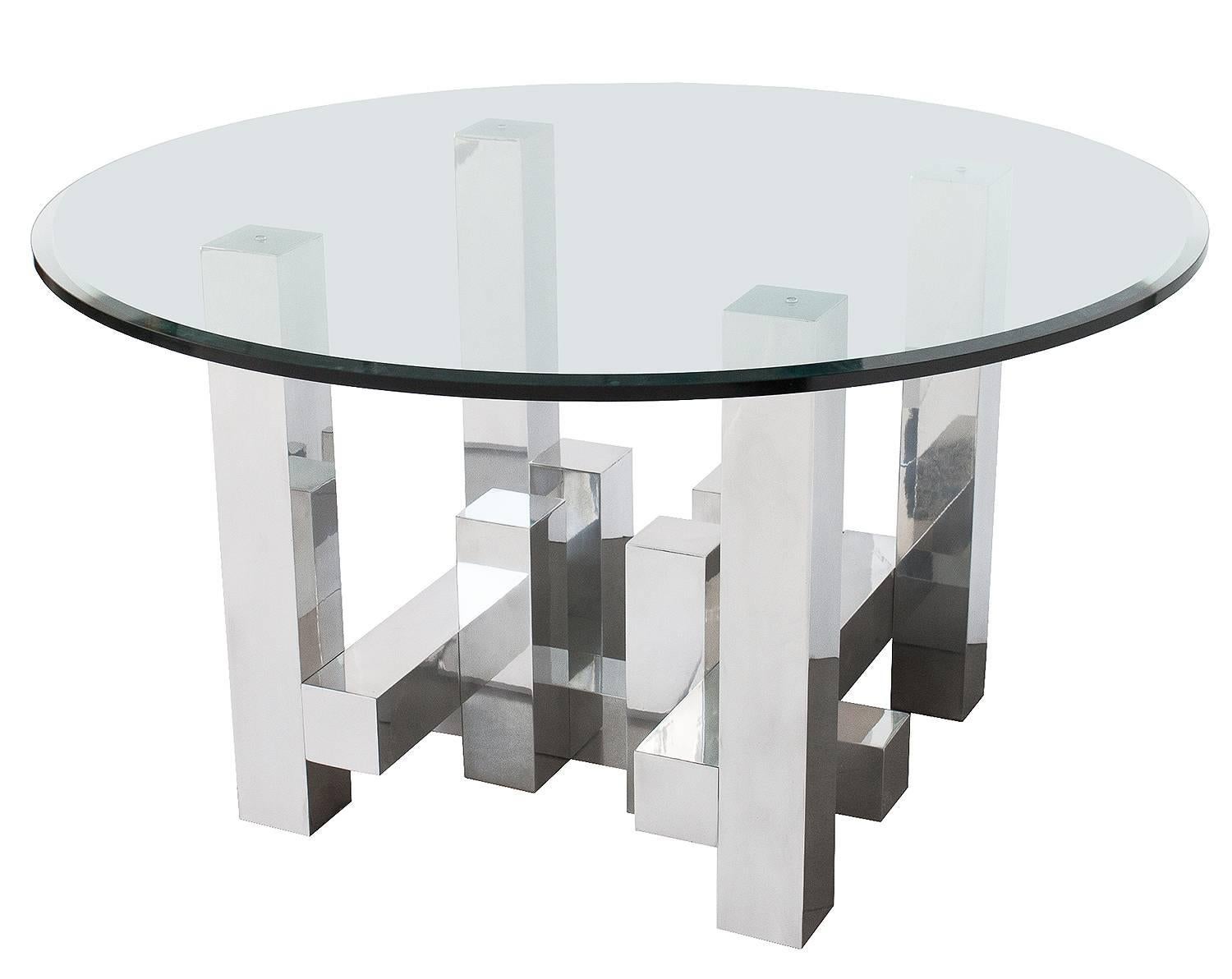 Sculptural geometric dining table base in the manner of Paul Evans' Cityscape collection for Directional Furniture. Designed by Paul Mayen for Habitat, circa 1970s. Constructed of 4