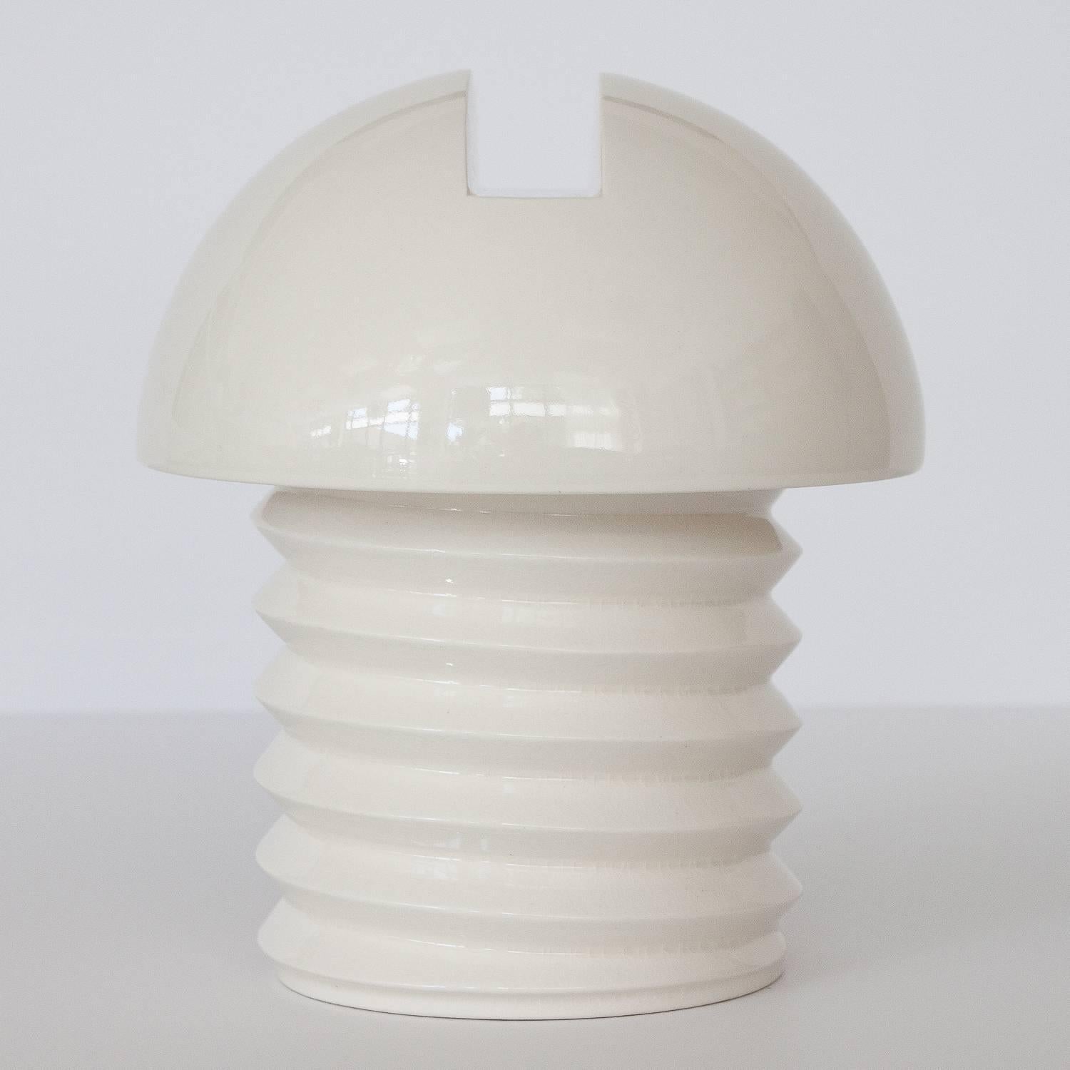 A unique 1960s Pop Art screw shaped white ceramic lidded jar. A functional and sculptural work of art. Label intact: AES Japan.
