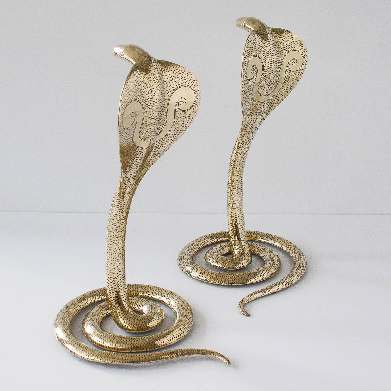 Mid-Century Modern Pair of Solid Brass Cobra Sculptures or Andirons