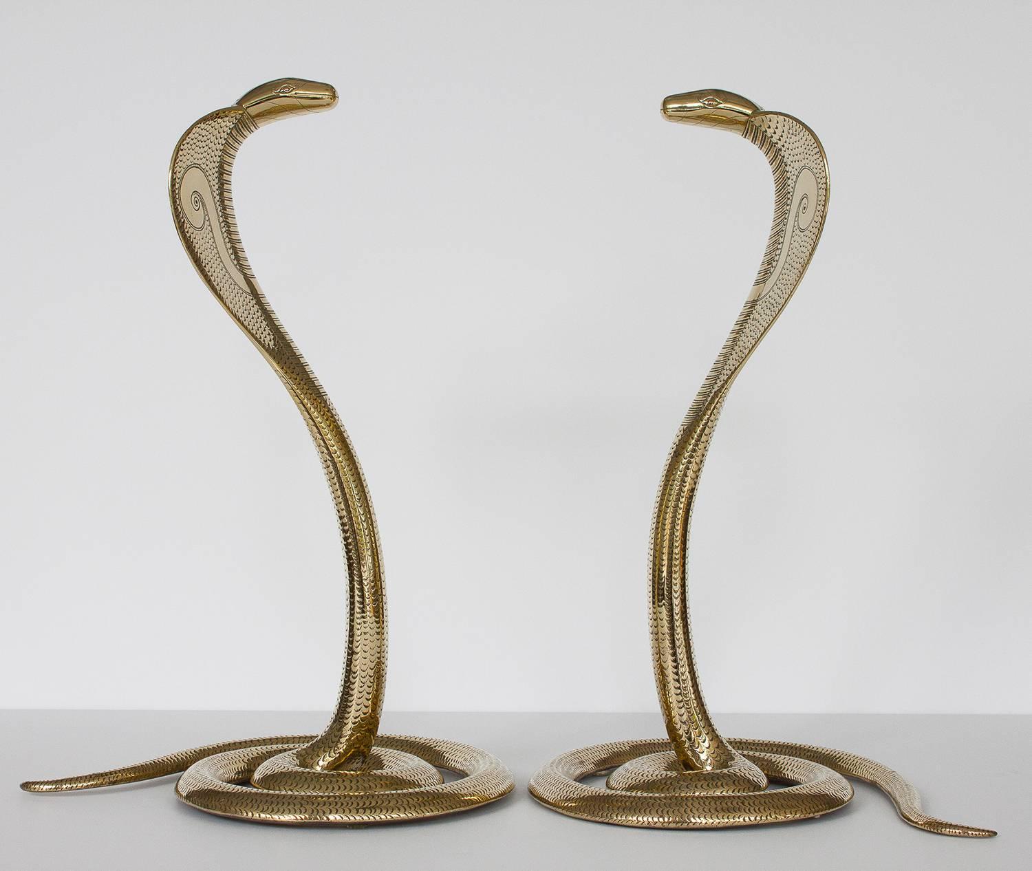 Indian Pair of Solid Brass Cobra Sculptures or Andirons