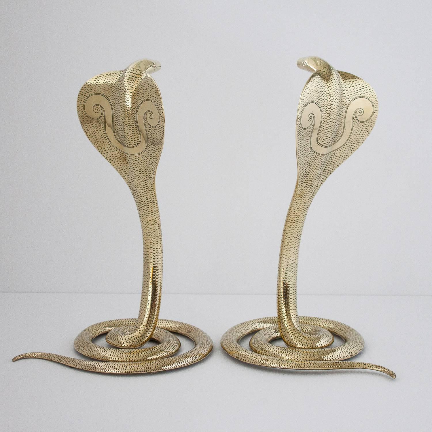 Polished Pair of Solid Brass Cobra Sculptures or Andirons