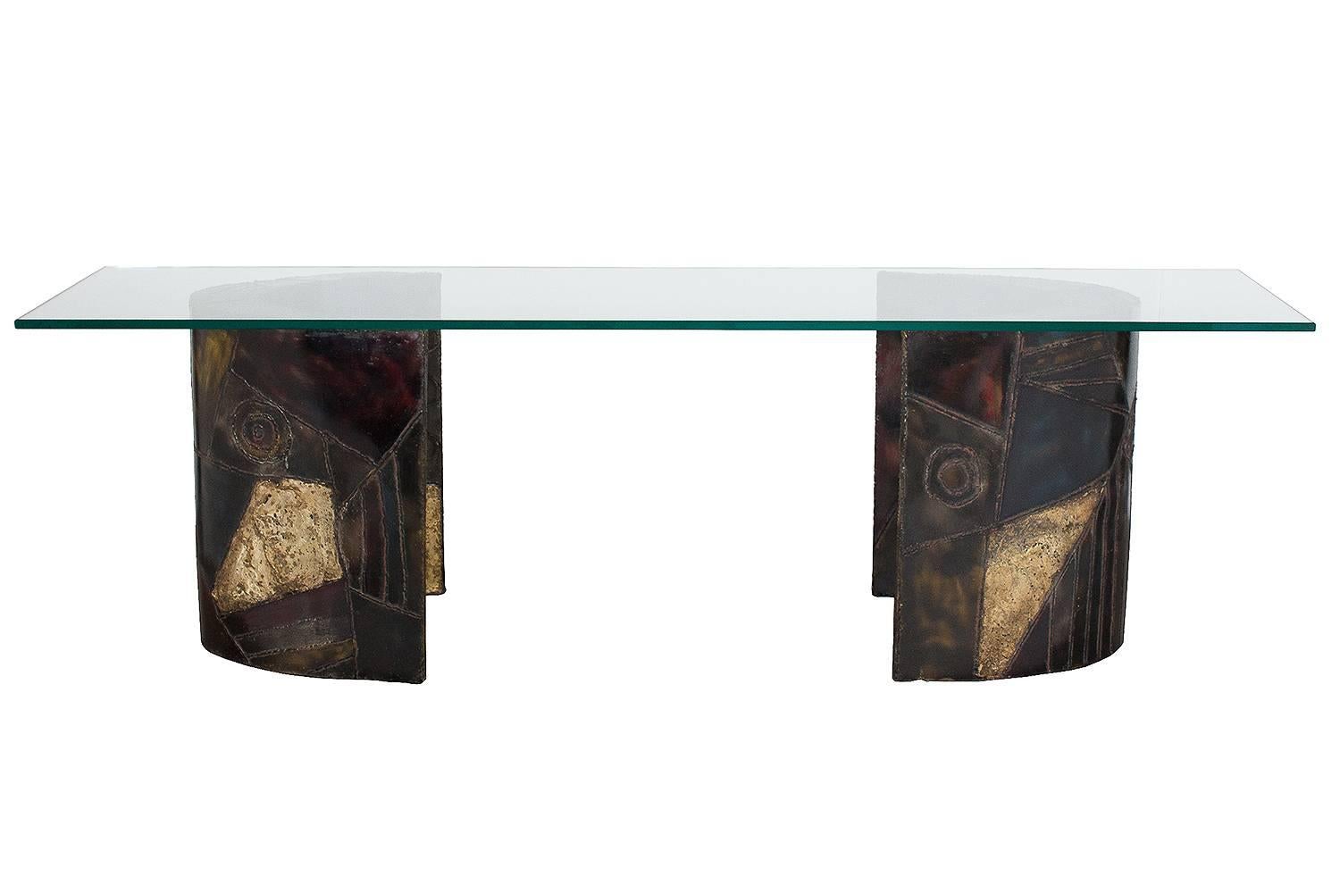 Paul Evans Studio PE-24 pedestal table for Directional. Two crescent shaped welded and enameled steel pedestal bases. Consider using as a dining table with a larger glass top. A 96