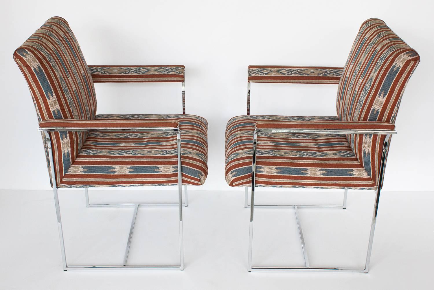 Pair of Milo Baughman chrome frame armchairs. Architectural chrome-plated 0.5