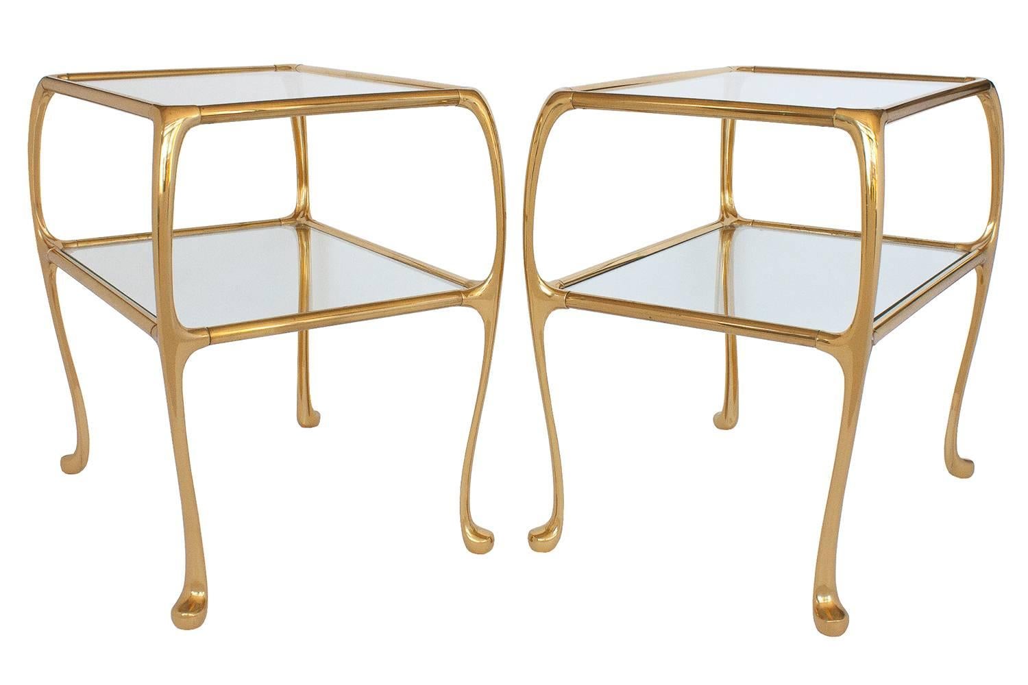 Mid-Century Modern Pair of Gaudi Inspired Brass Two-Tier End Tables