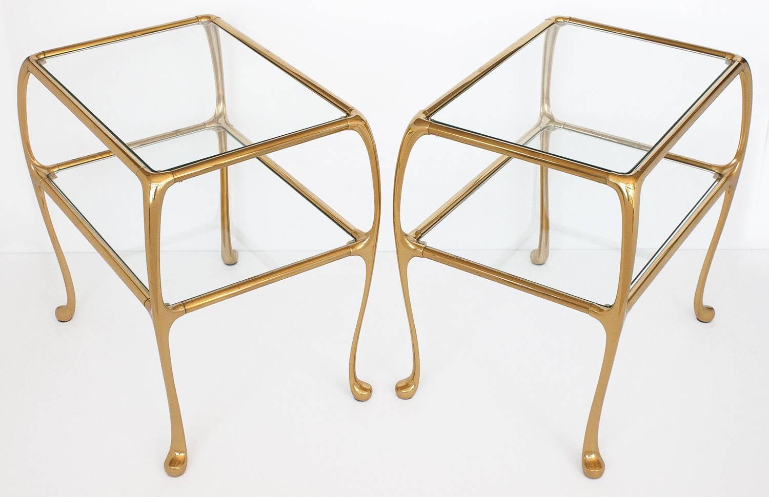 Italian Pair of Gaudi Inspired Brass Two-Tier End Tables