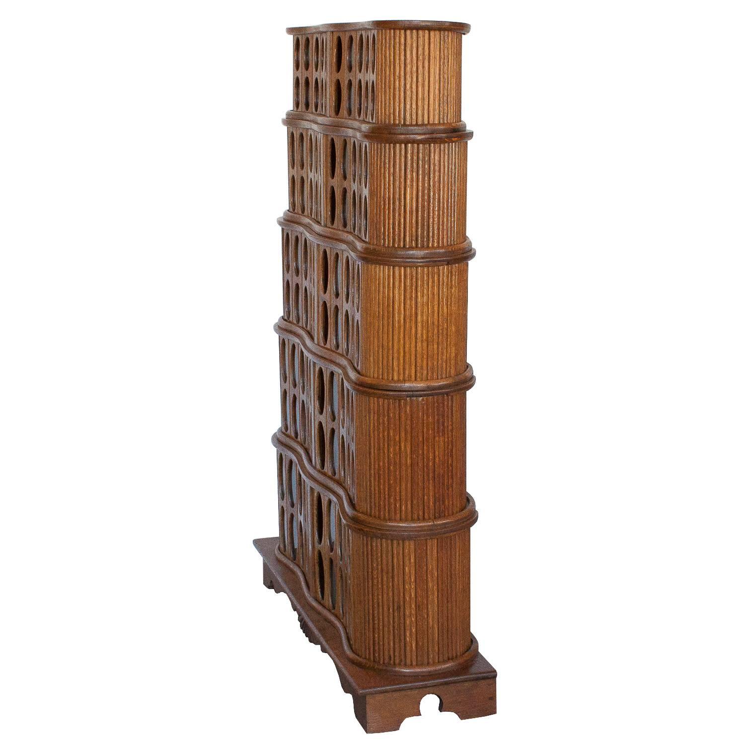 American Unique 1930s Sculptural Stacked Oak Tambour Curio Cabinet