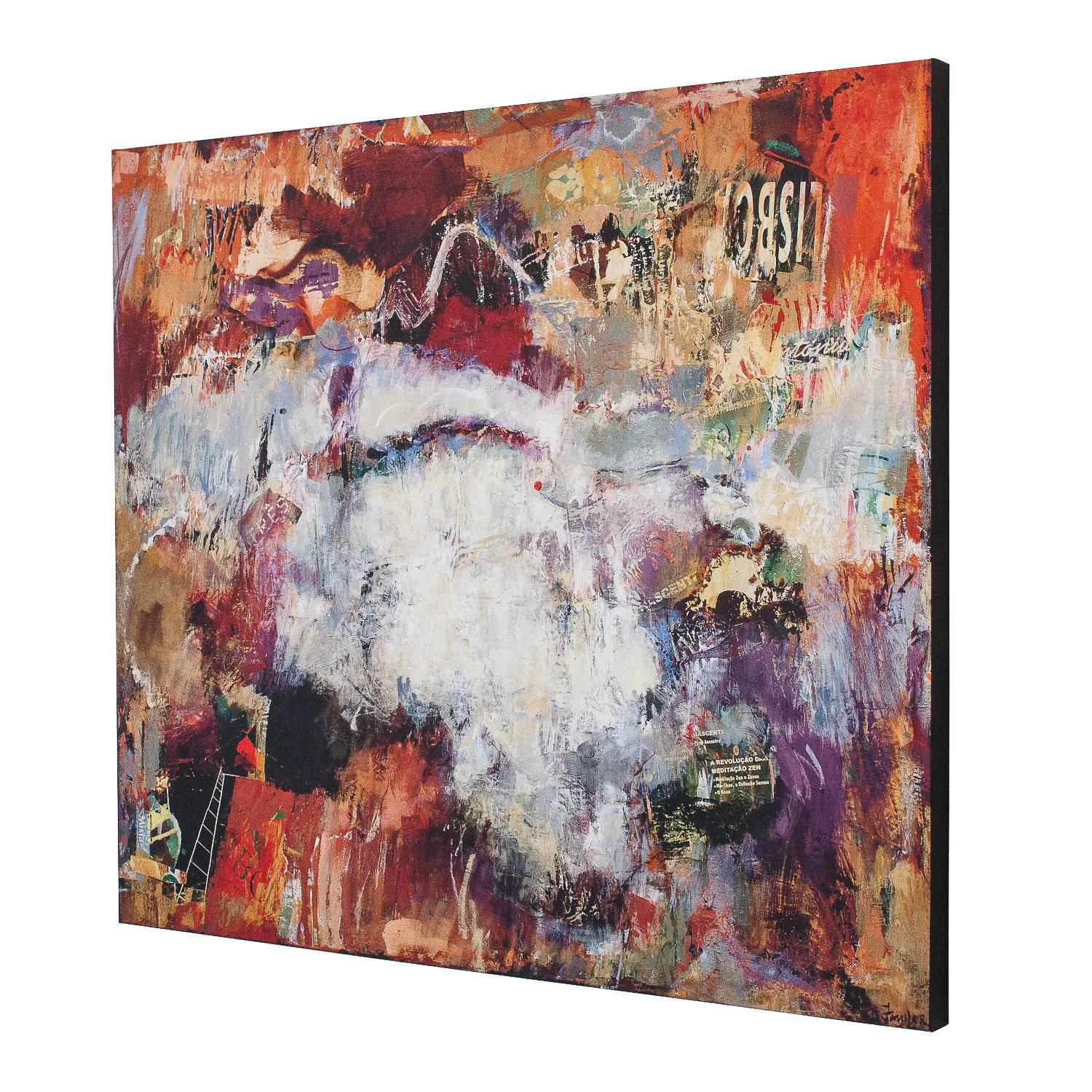 Archival giclee print of an original abstract painting by Happy Fowler. Titled "Off The Wall". 52" x 60" Abstract Expressionist painting and collage in orange, purple, yellow, and white colors throughout. Unframed. Stretched