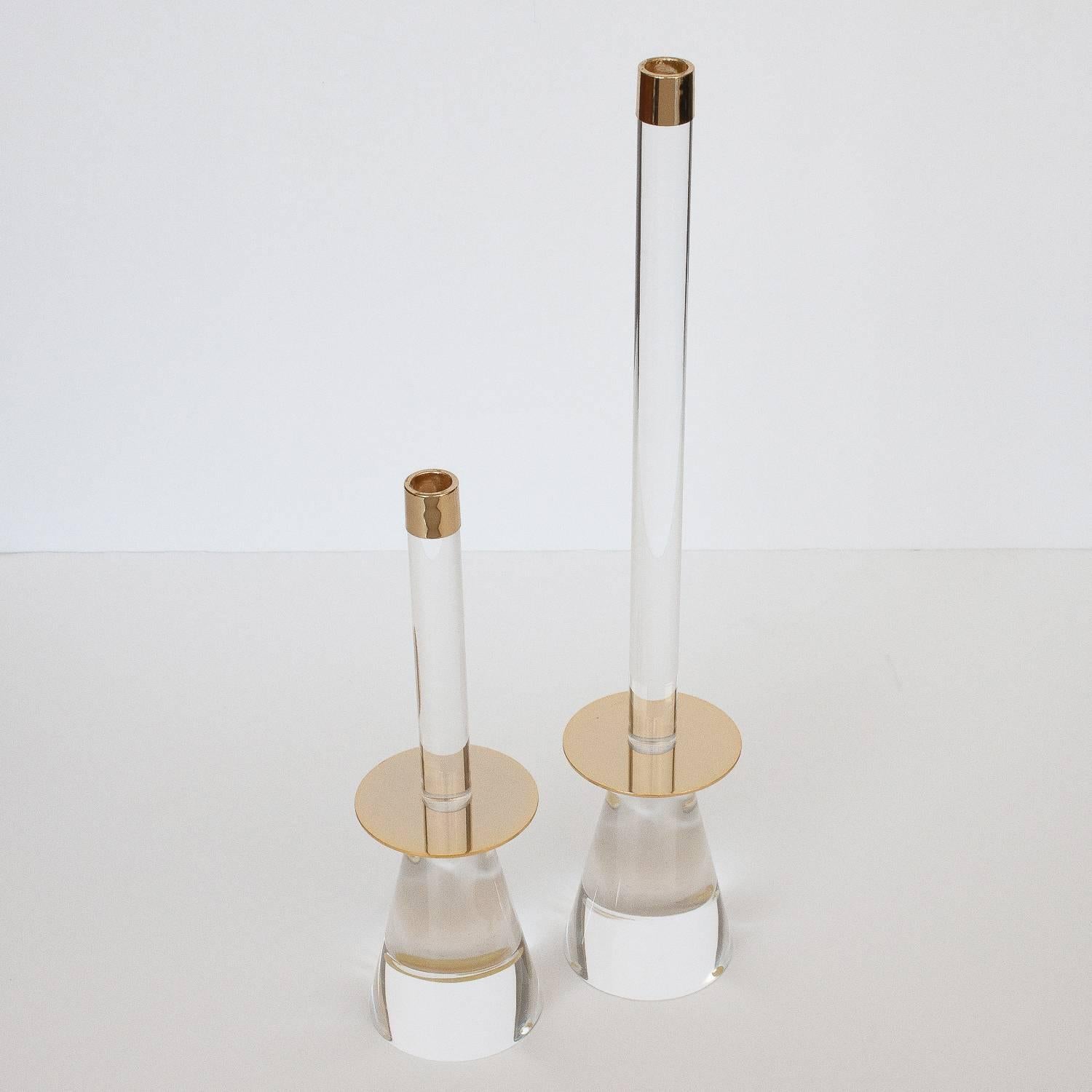 Mid-Century Modern Pair of Lucite and Brass Candlesticks