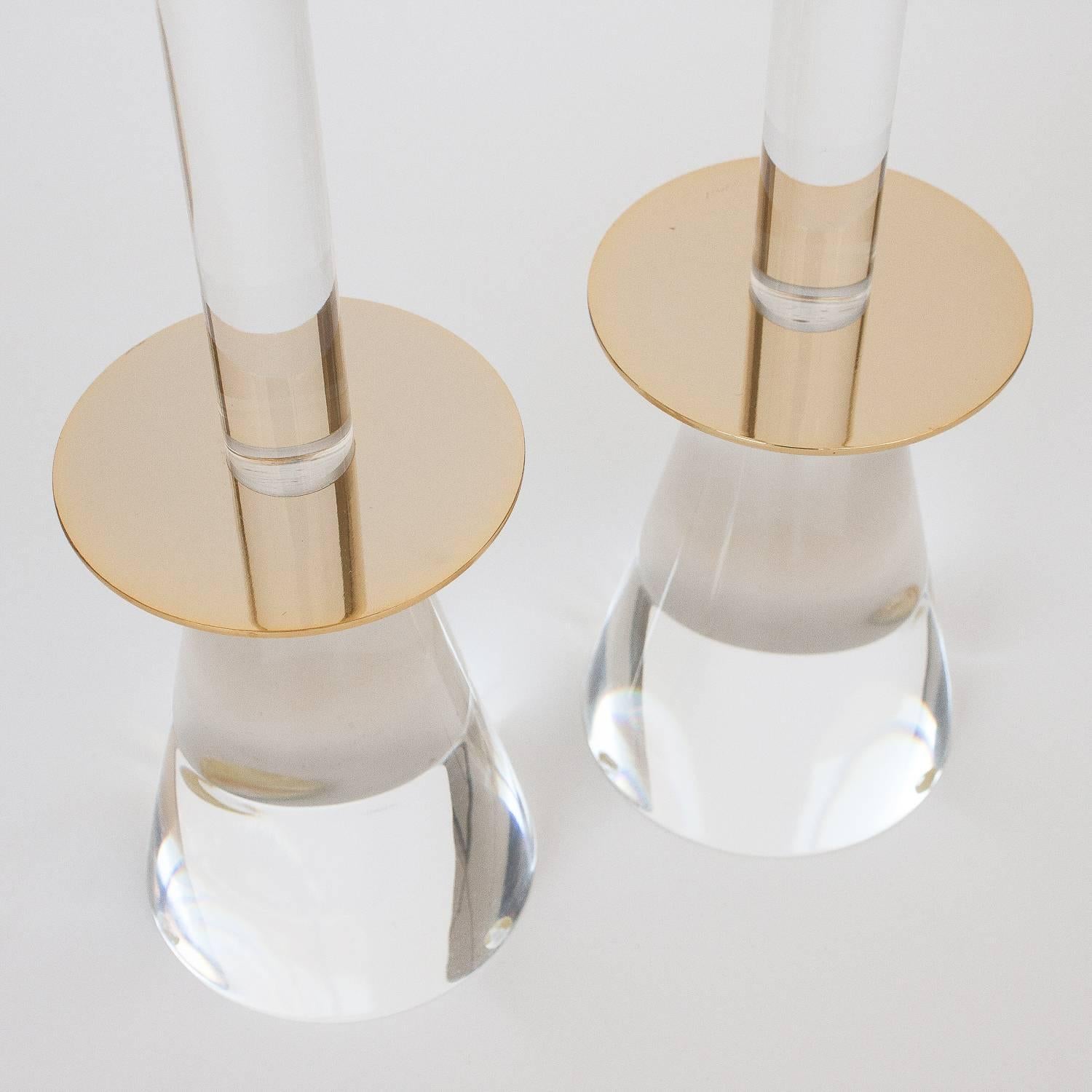 American Pair of Lucite and Brass Candlesticks