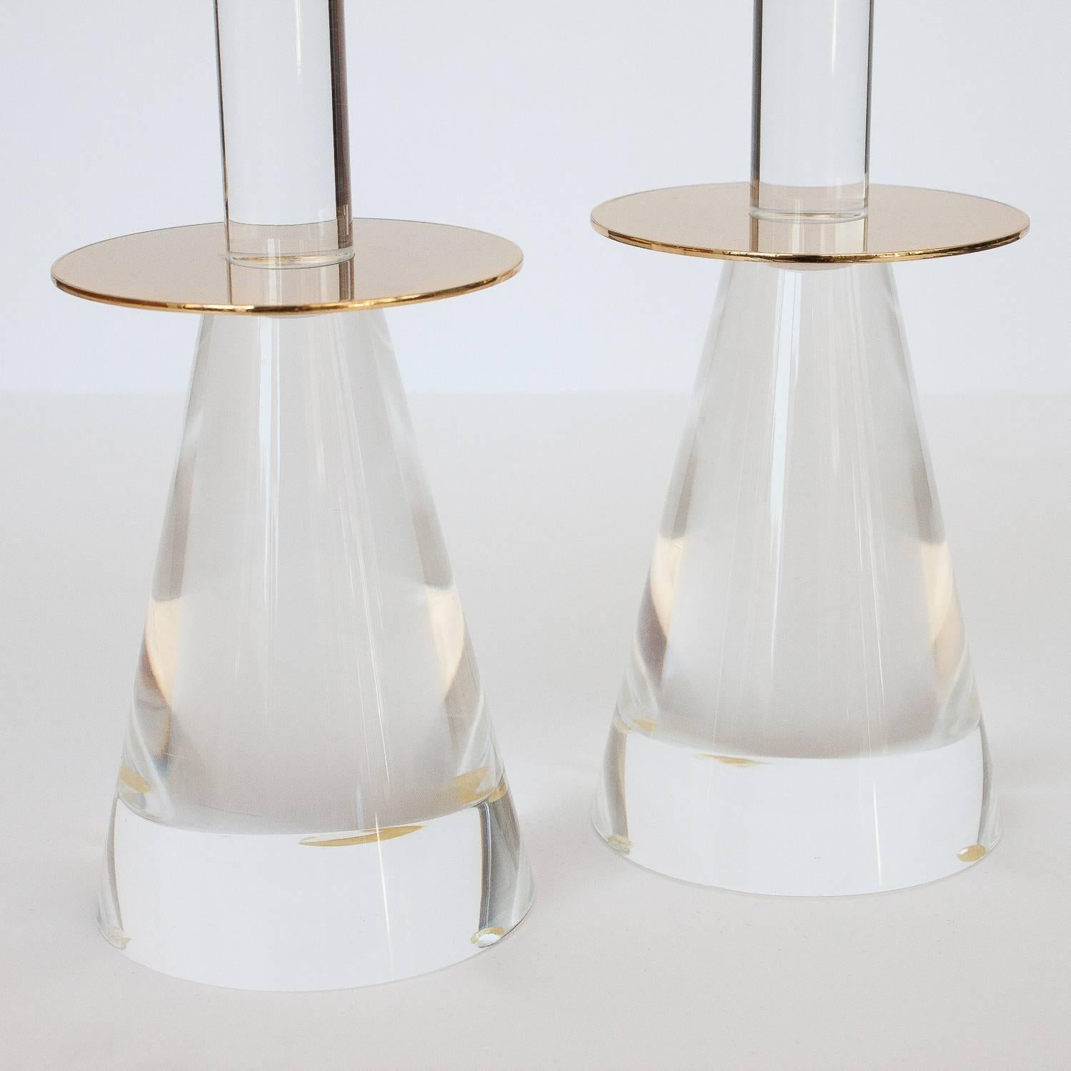 Polished Pair of Lucite and Brass Candlesticks