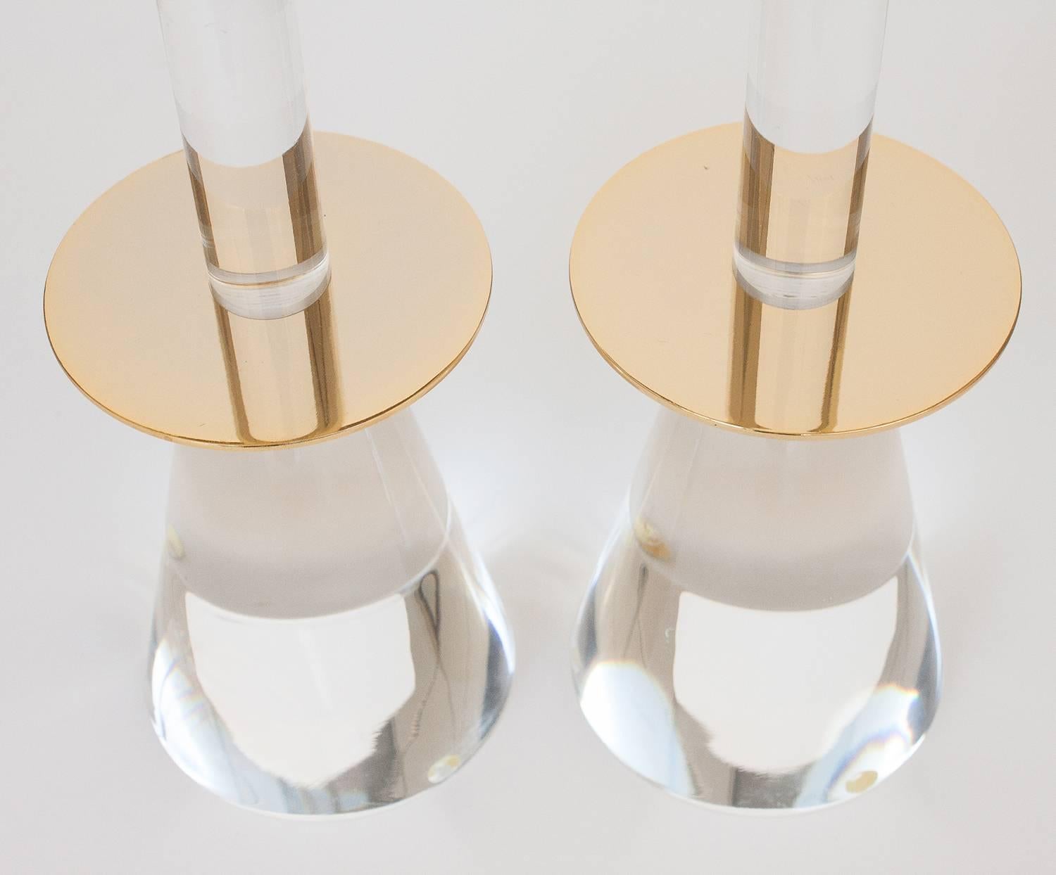 Late 20th Century Pair of Lucite and Brass Candlesticks