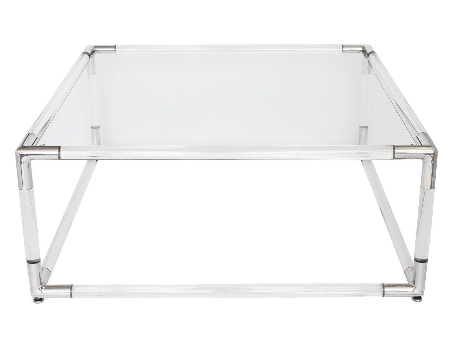 Mid-Century Modern Lucite and Aluminium Square Coffee Table with Glass Top