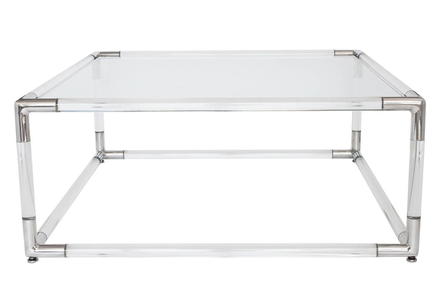 American Lucite and Aluminium Square Coffee Table with Glass Top