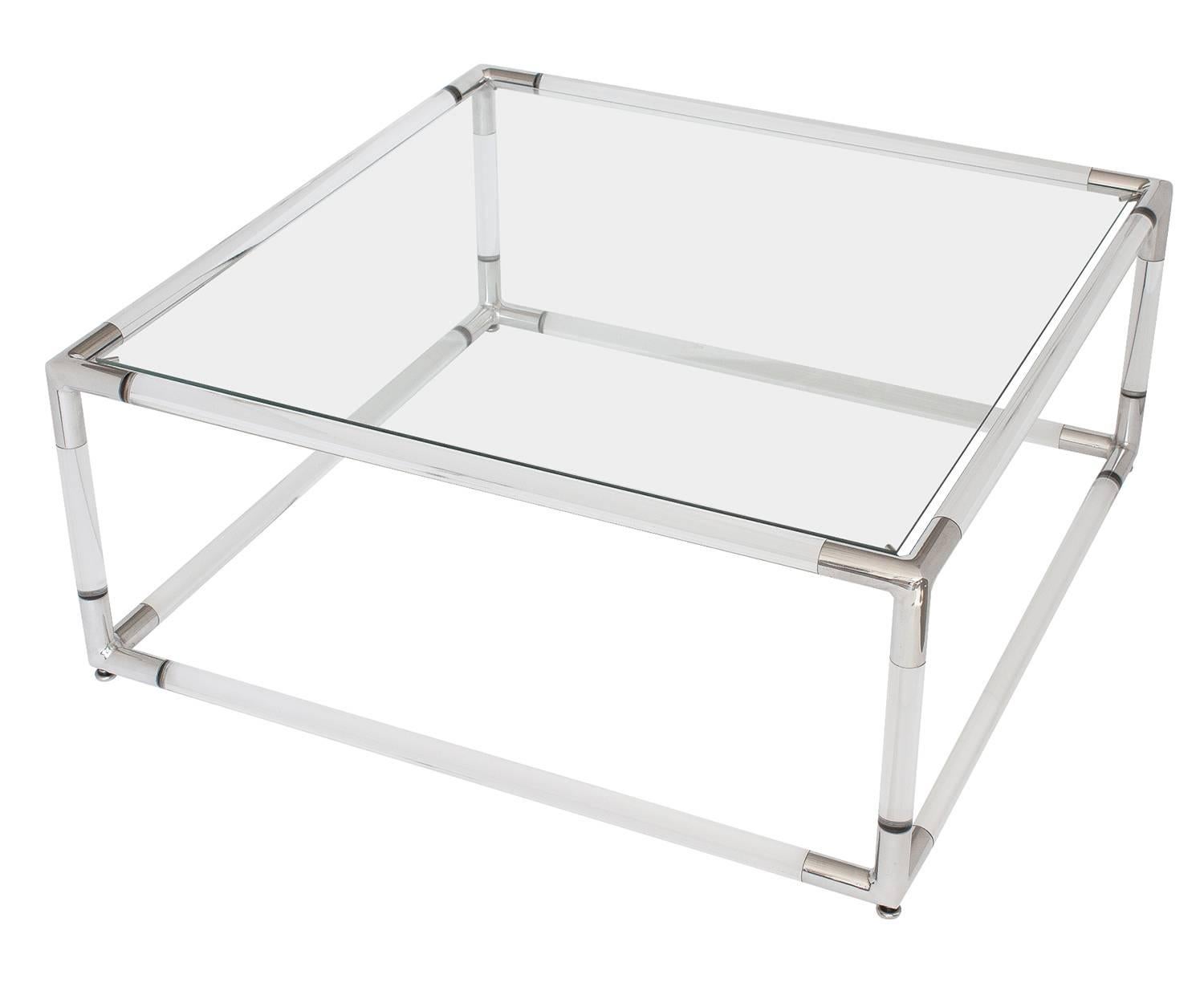 Polished Lucite and Aluminium Square Coffee Table with Glass Top