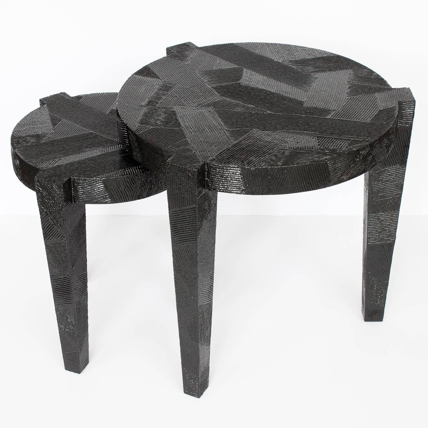 Mid-Century Modern Set Black Lacquered Textured Nesting Side Tables