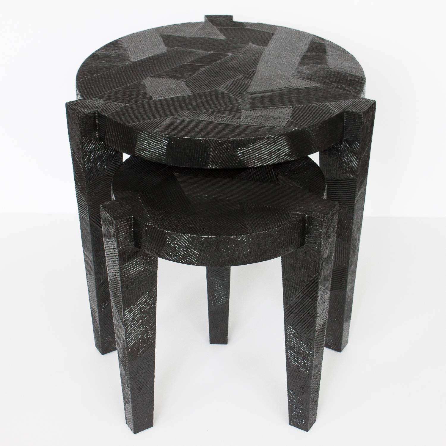 American Set Black Lacquered Textured Nesting Side Tables