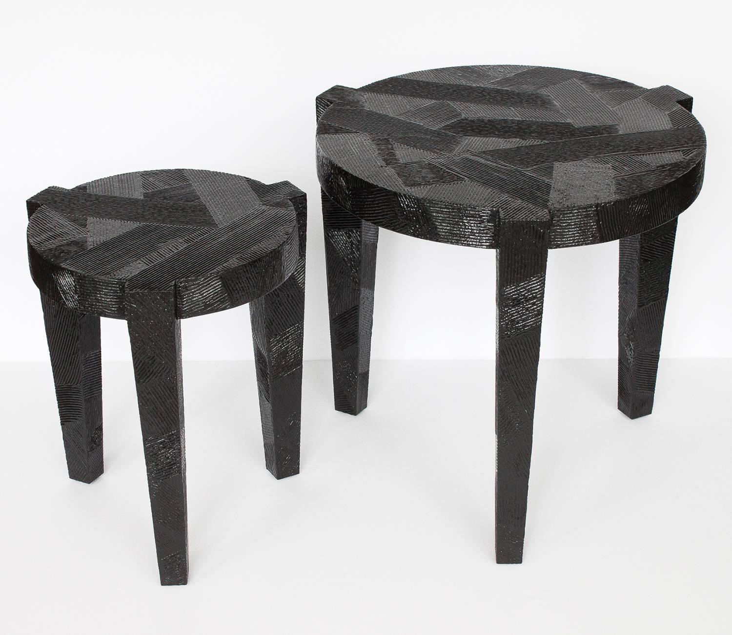 Late 20th Century Set Black Lacquered Textured Nesting Side Tables