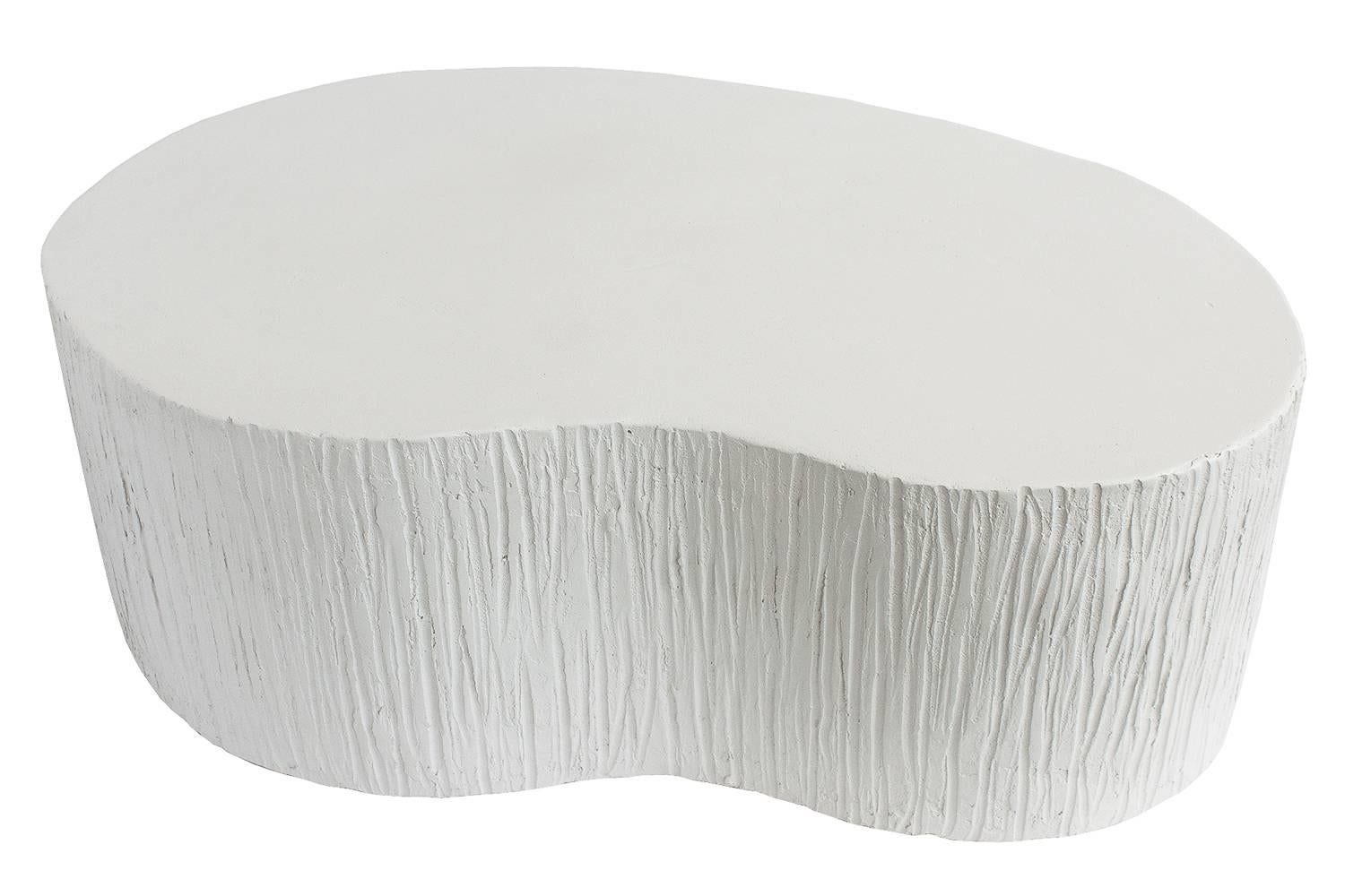 Faux plaster kidney shaped coffee table with raked textured sides. Handcrafted white (slight off white) faux plaster resin covered wooden form. Consider using as a coffee table or side table.