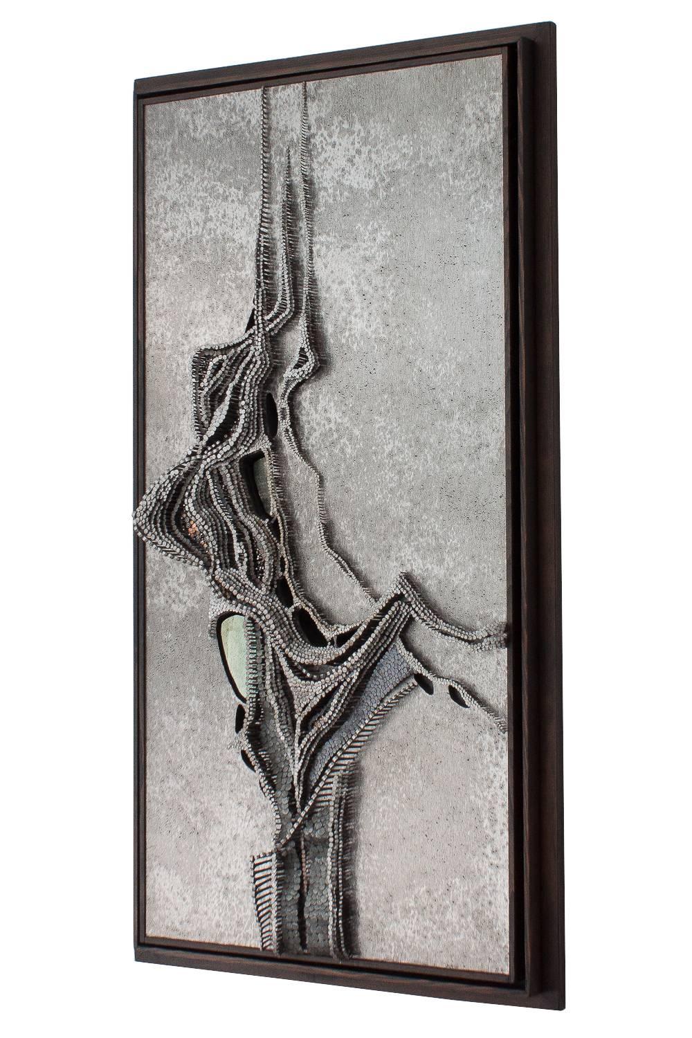 Brutalist abstract hammered nail wall sculpture attributed to Robert Harley Seyle, circa 1970s, this artwork is unsigned but is most likely the creation of Robert Harley Seyle. The mix-media wall-mounted sculpture is constructed from hand-hammered