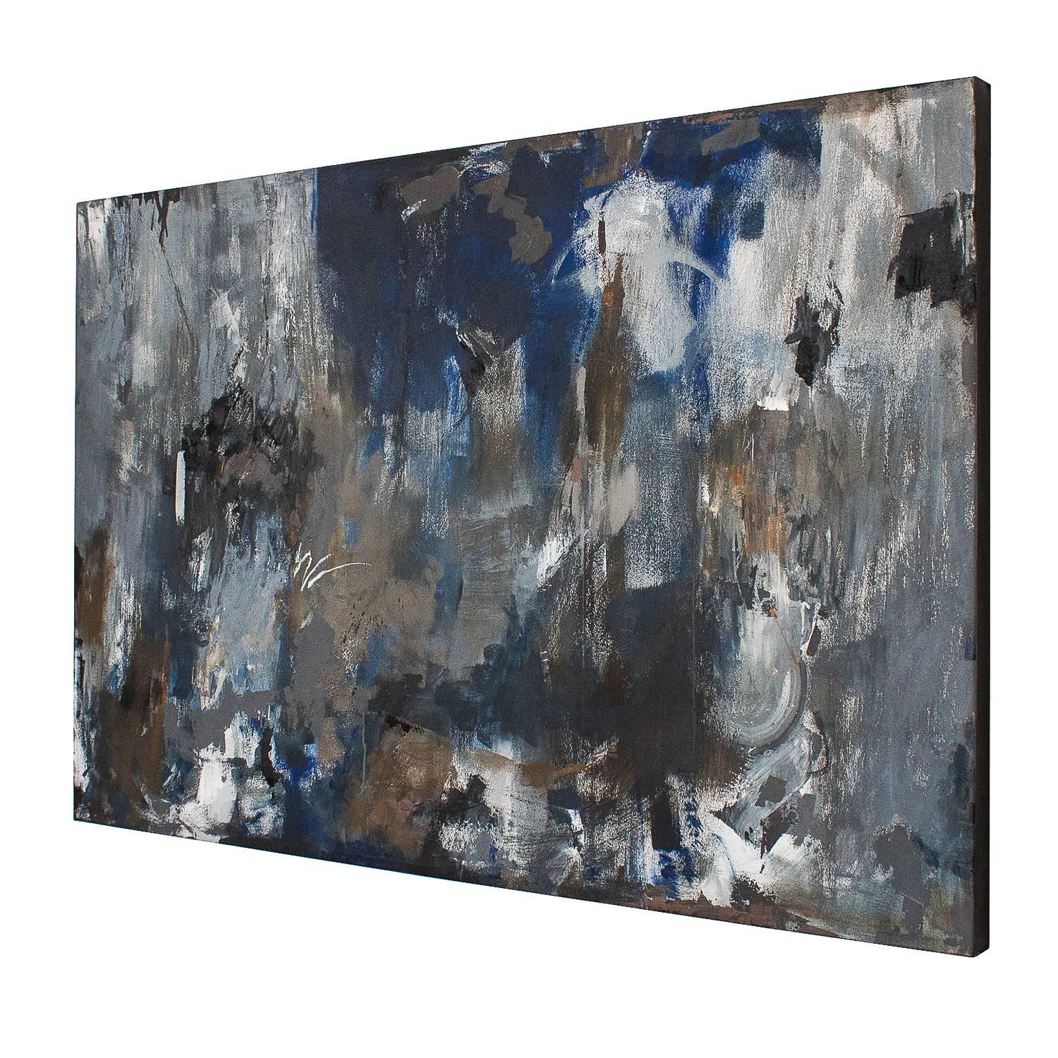 Large 46" x 70" original abstract painting by Happy Fowler. Titled "Midnight Crossing". Abstract Expressionist painting in blues, greys, browns, and black colors throughout. Unframed. Stretched canvas with black painted edge.