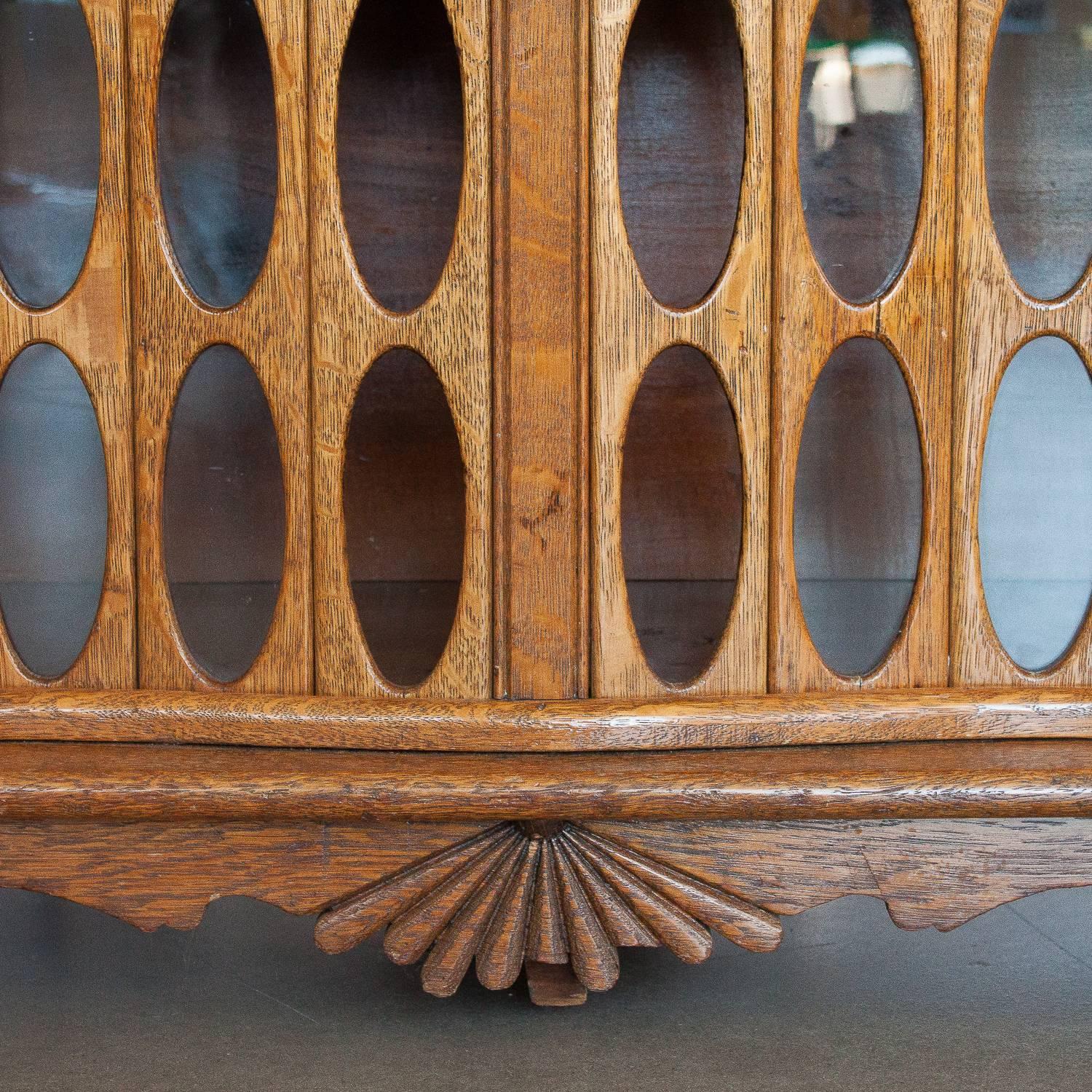 Glass Unique 1930s Sculptural Stacked Oak Tambour Curio Cabinet