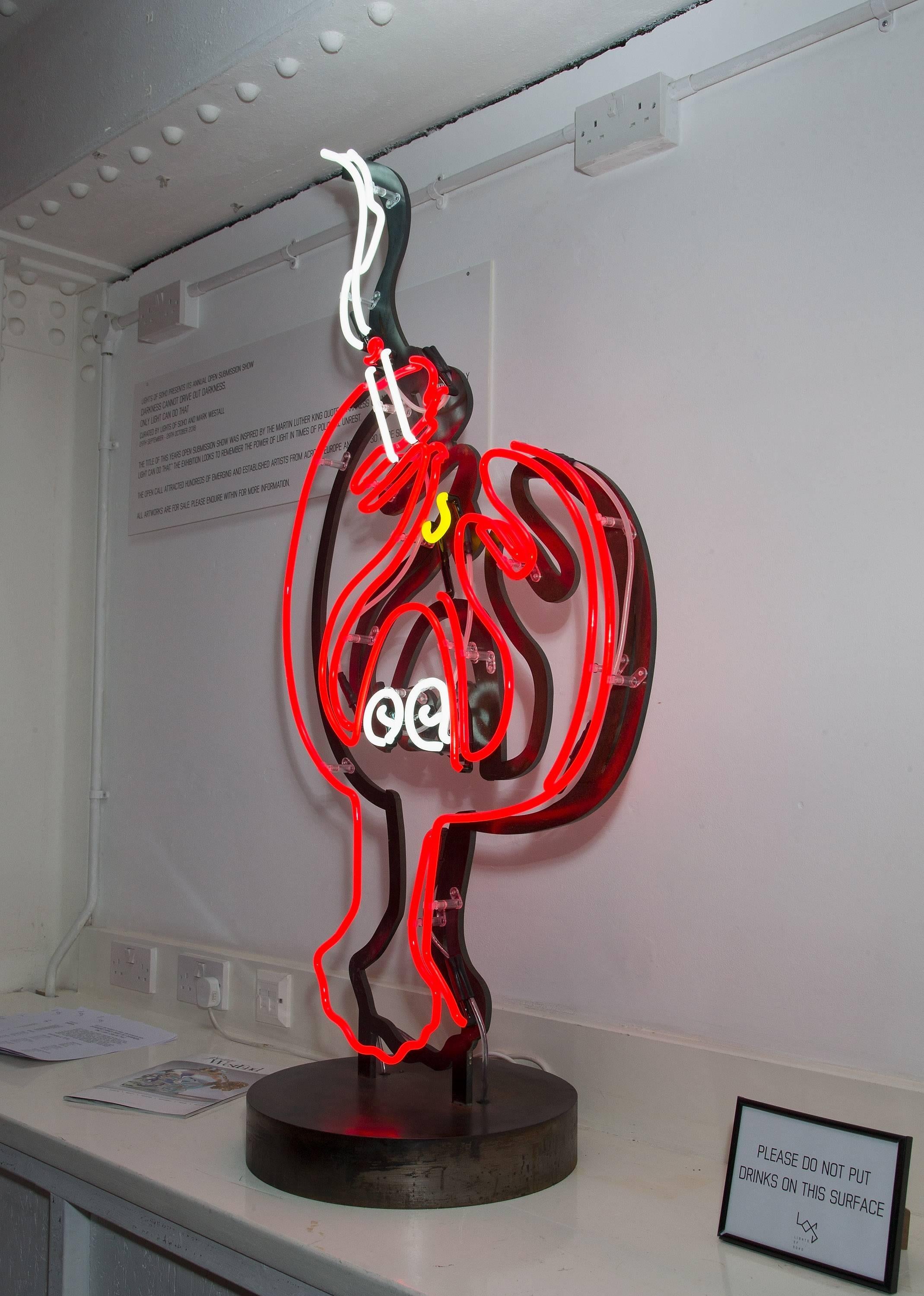 Neon smoking lobster sculpture. 
Philip Colbert. 
Neon on iron work. 
Measures: 86 X 50 cm. 

“Godson of Andy Warhol” Philip Colbert, has created his first series of neons including ‘Neon Lobster’. Philip is a renowned artist and fashion