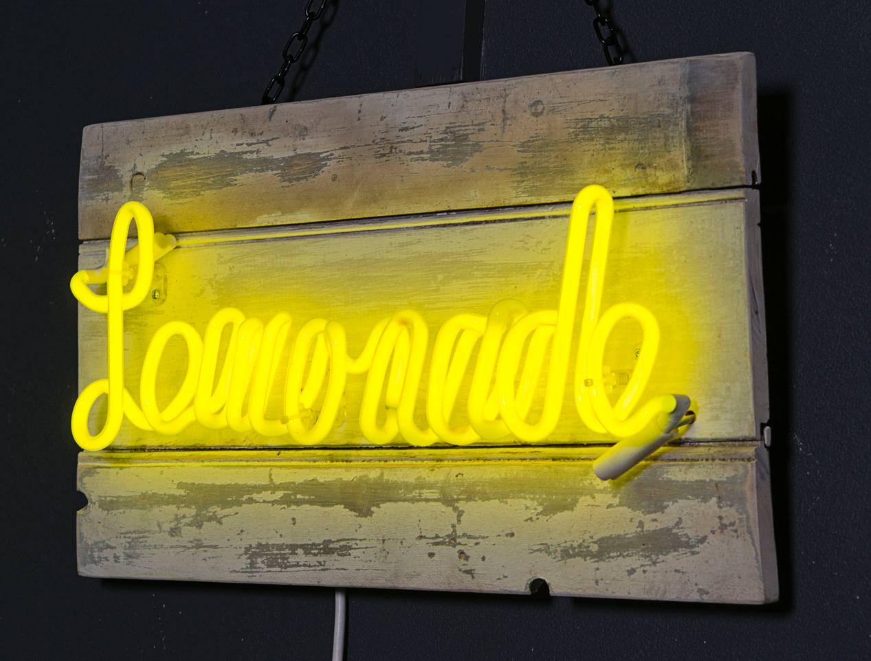 God's Own Junkyard designed Neon Artwork.   

"Lemonade" Canary Yellow Neon on Aged Painted Wood.

Lights of Soho present... God's Own Junkyard. New & used neon fantasies, salvaged signs, vintage neons, old movie props and retro