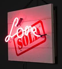 "Love SOLD" Hand-Painted Sign with "Love" in Pink Neon