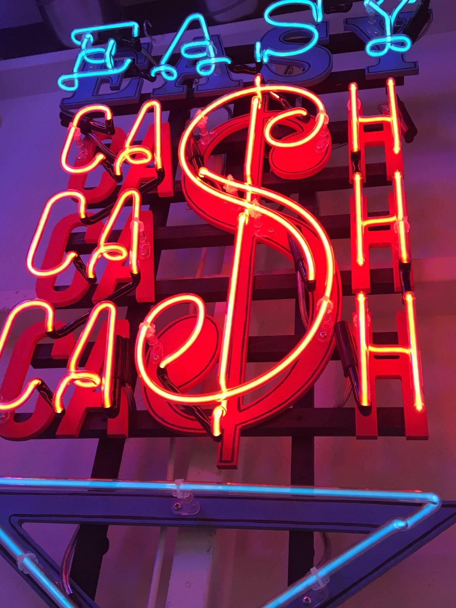 Easy Cash by Marcus Bracey

Blue and red neon, on hand-painted wooden lettering on wooden frame

Measures: 90 cm tall x 50 cm wide

£11,250 EX VAT/ £13,500 INC VAT

Edition of 3

Marcus Bracey is the eldest son of Gods Own Junkyard founder