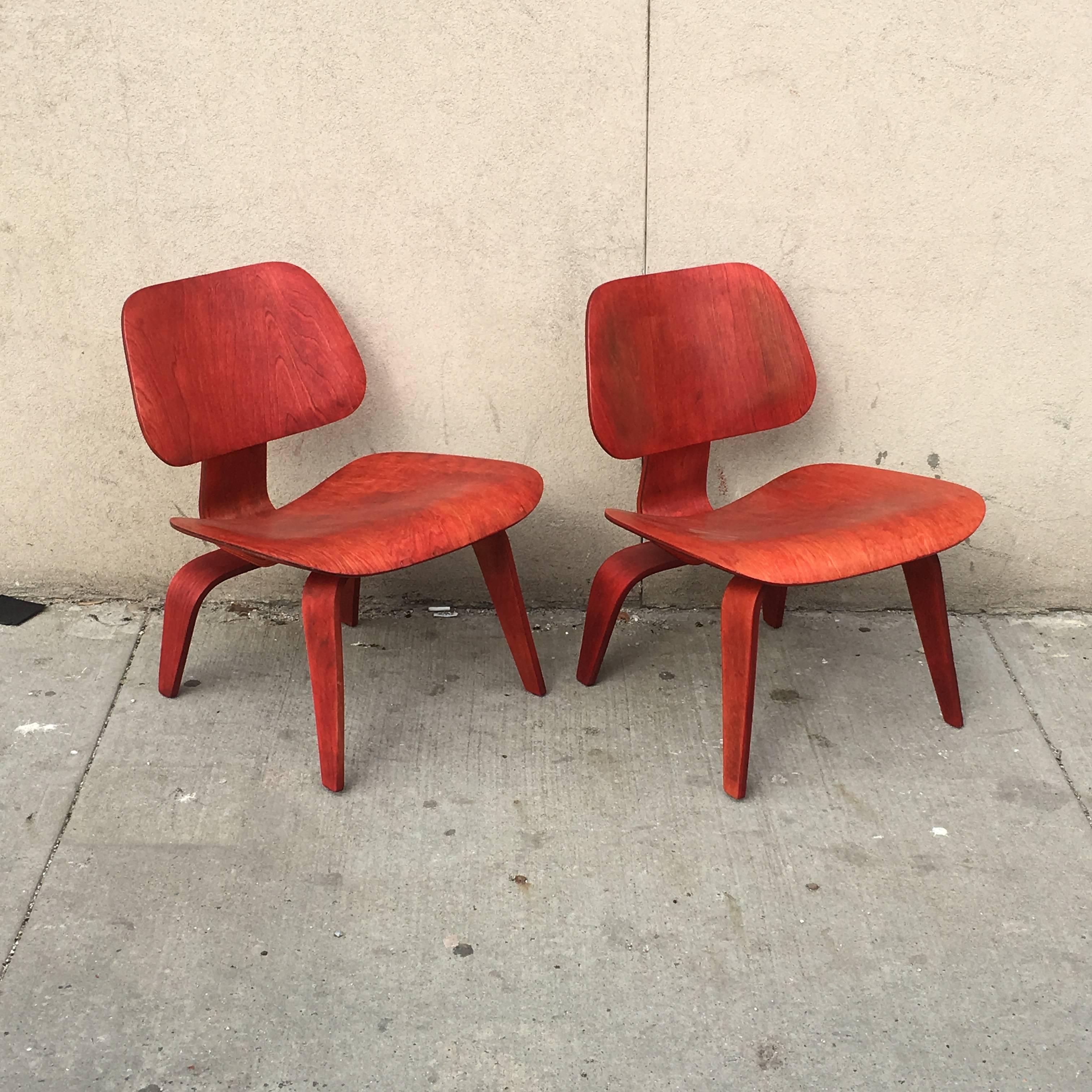Mid-Century Modern Two Red Evans Early Eames LCW Lounge Chairs