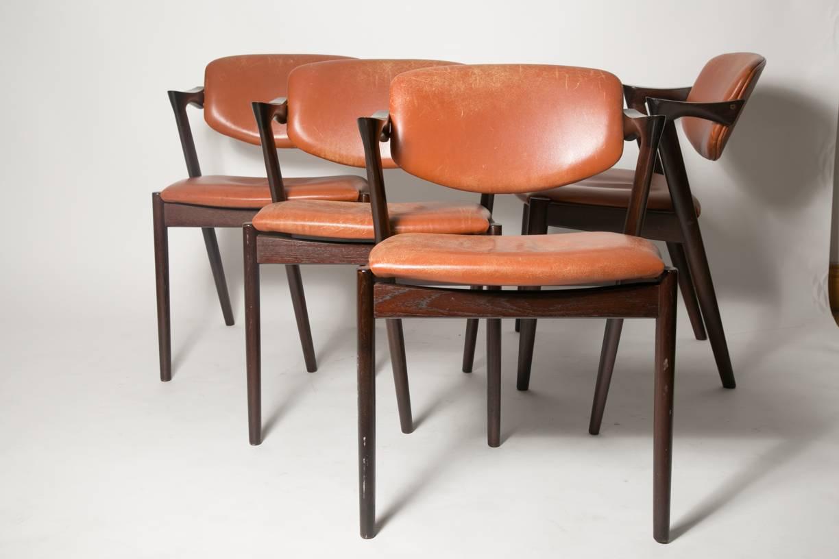 Scandinavian Modern Four Kai Kristiansen Cognac Leather and Mahogany 'Z' Dining Chairs