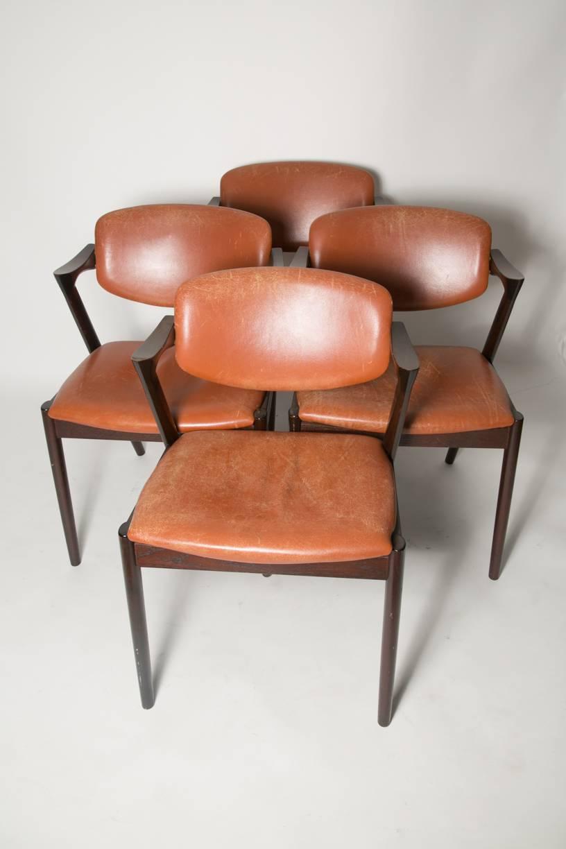 Danish Four Kai Kristiansen Cognac Leather and Mahogany 'Z' Dining Chairs